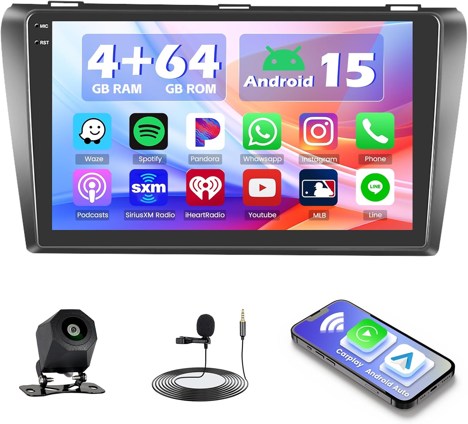 Hikity 4+64G Android Car Stereo for Mazda 3 2004 2005 2006 2007 2008 2009, 9”Incell Touchscreen Radio with CarPlay, Android Auto, Bluetooth, GPS Navigation, WiFi, FM, RDS + AHD Backup Camera