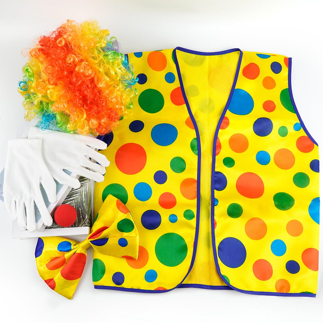 5 Stück Clown Kostüm, Zirkus Clownkostüm, Clown Lockenperücke Regenbogen, Clown Nase Handschuhe Bunte Krawatte, Clown Kostümzubehör, Fasching Karneval Cosplay Accessoire für Kinder Damen Herren