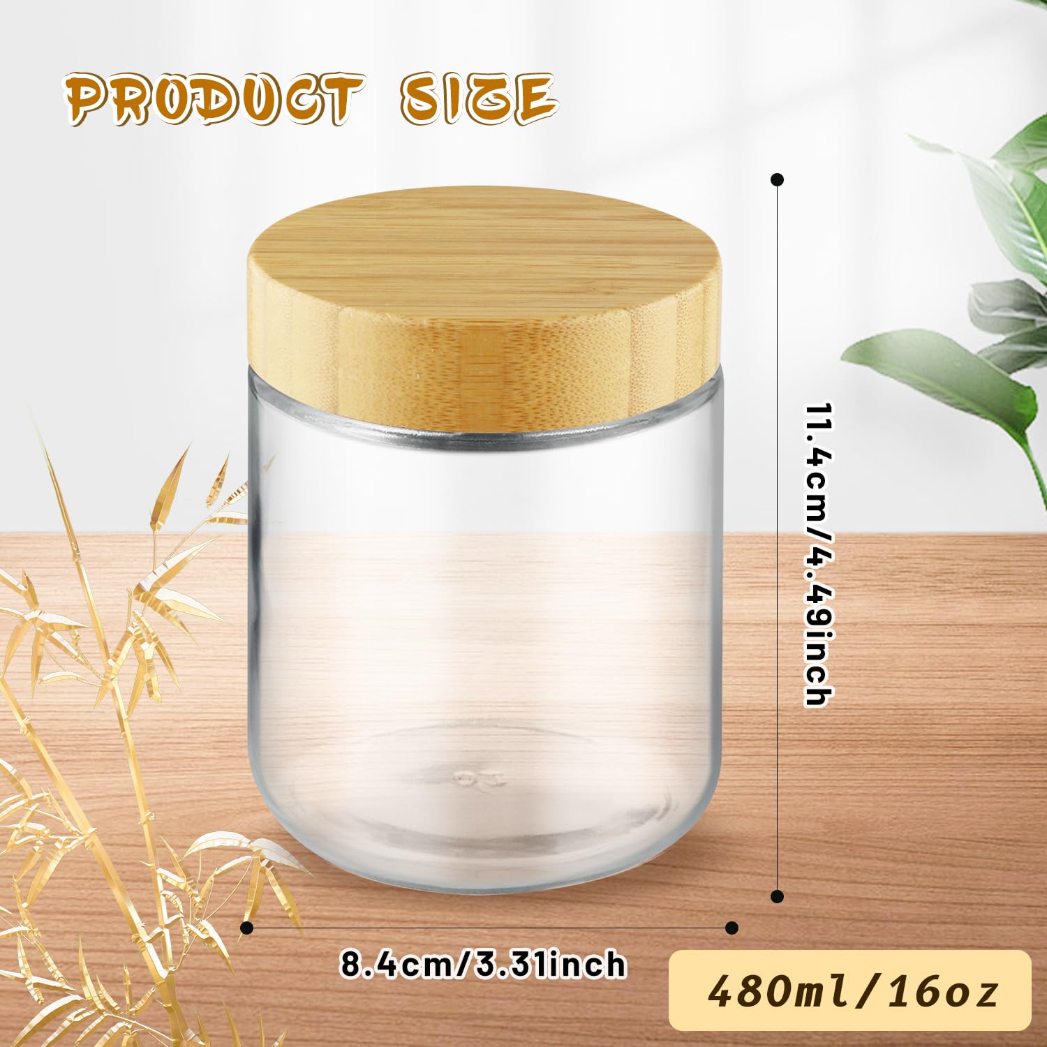 4 tarros de vidrio de boca ancha para almacenamiento de alimentos, recipientes de avena durante la noche con tapas de bambú para aperitivos, yogur en polvo, líquido, 480 ml
