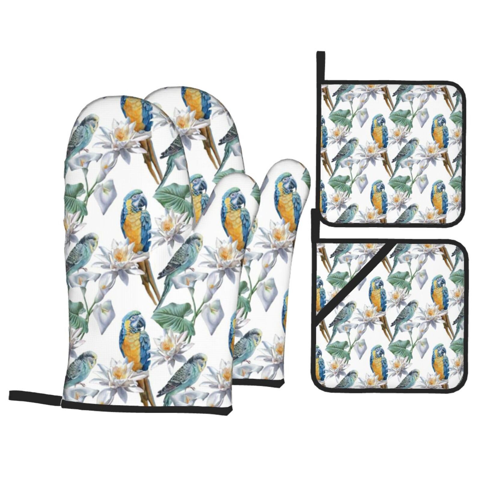 Parrots on Branches Print 4-Piece Oven Microwaving Set Waterproof Kitchen Gloves for Baking Grilling Cooking