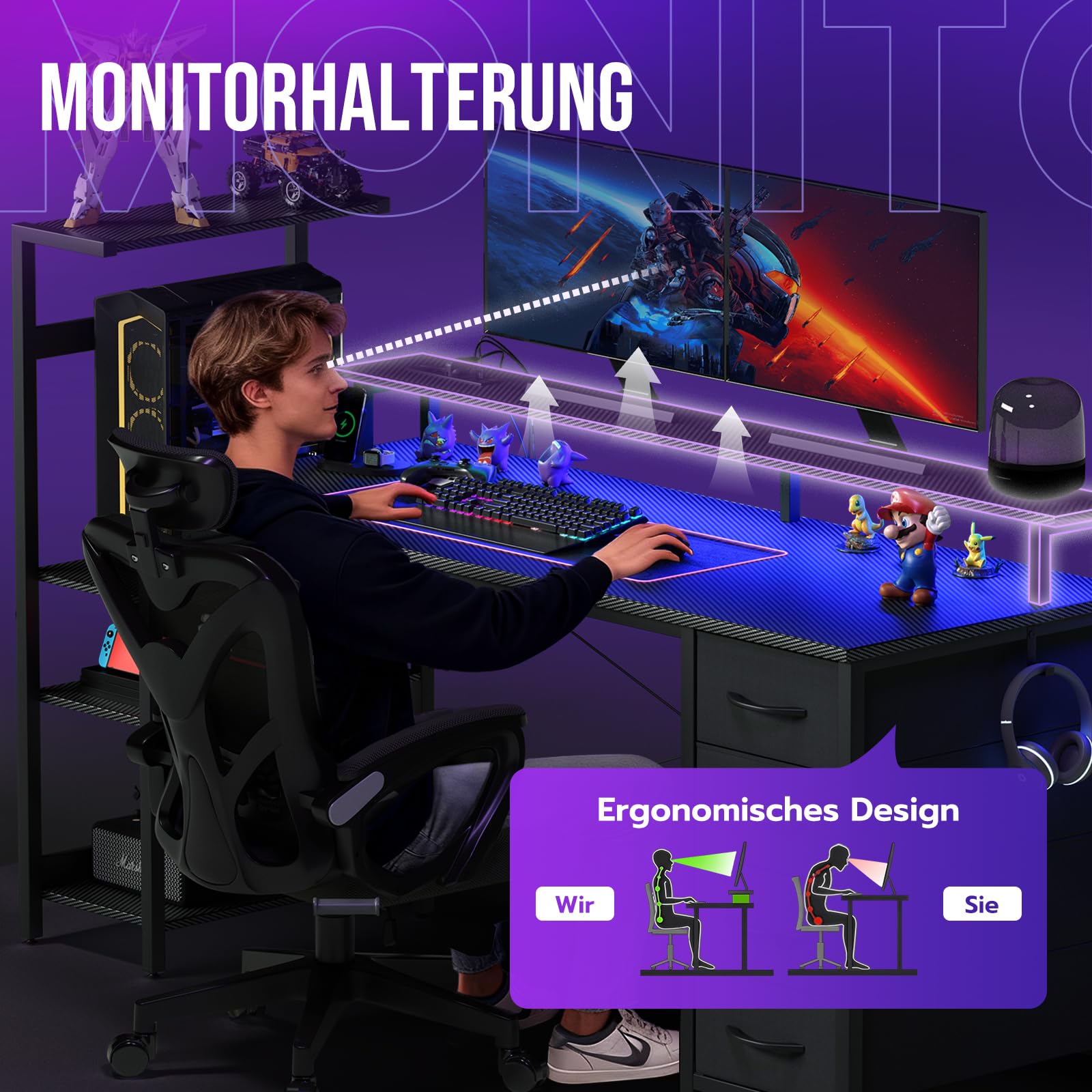 YOUDENOVA Scrivania da gioco, 150 x 50 cm, tavolo da gioco con illuminazione a LED e presa, scrivania per computer con cassetti, fibra di carbonio, colore nero