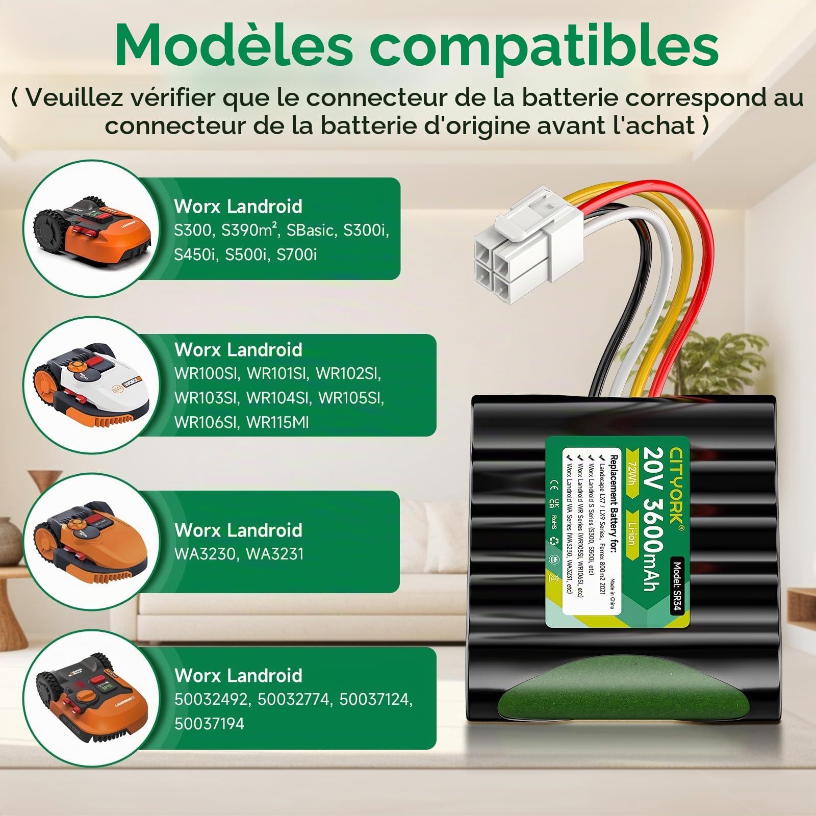 CITYORK 20 V/ 3600mAh Tondeuse Batterie pour Worx Landroid S300, S390, S300i, S450i, S500i,S700i, Worx WR100SI/101SI/102SI/WA3230/WA3231, pour Landxcape LX790, LX790i, LX792, LX795,LX835, LX991, LX992