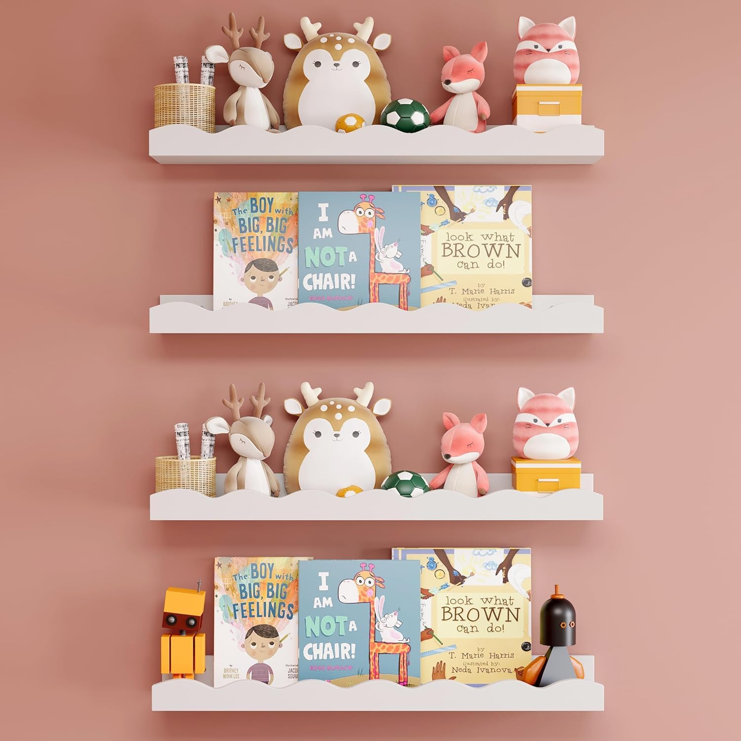 WooDinzo 18 Inch Floating Shelves for Wall Decor Set of 4 Nursery Book Shelves Bathroom Shelves Over Toilet Wall Shelf for Books, Plants, Toys, Photo Frames, Picture Ledge-White-picture-25