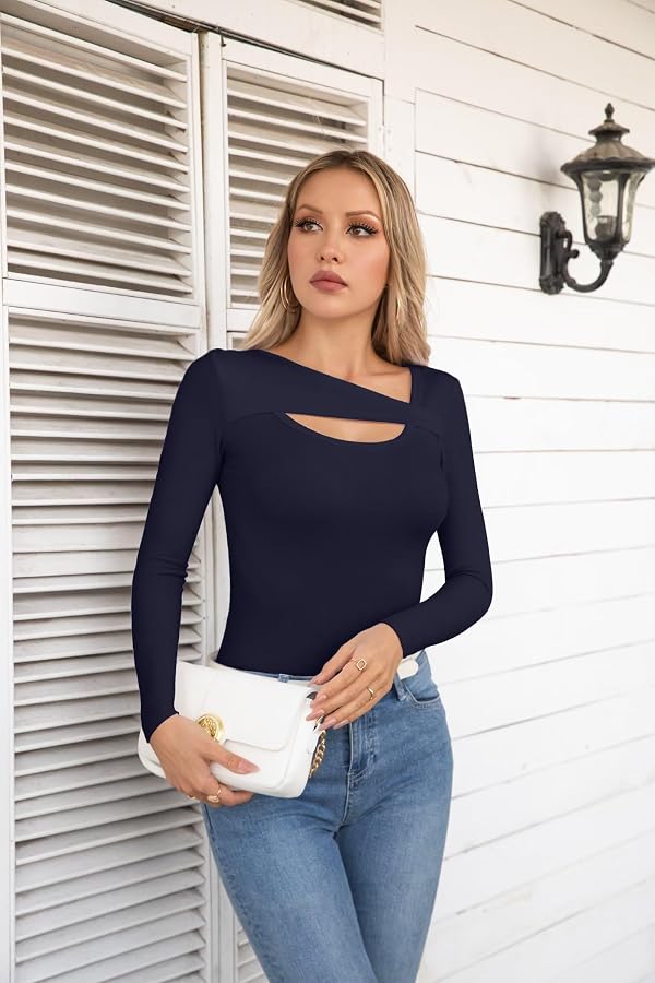 VICHYIE Women Long Sleeve Cutout Ribbed Fitted One Piece Shirts Navy M by VICHYIE - Used condition - Image 5