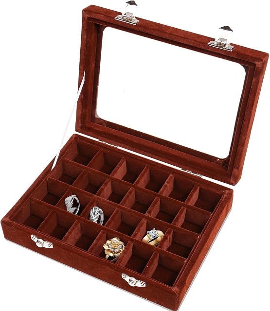 Meshela Velvet Glass Jewellery Ring Display Earring Organiser Case Tray Holder Earrings Storage Box (24 Slots Brown)