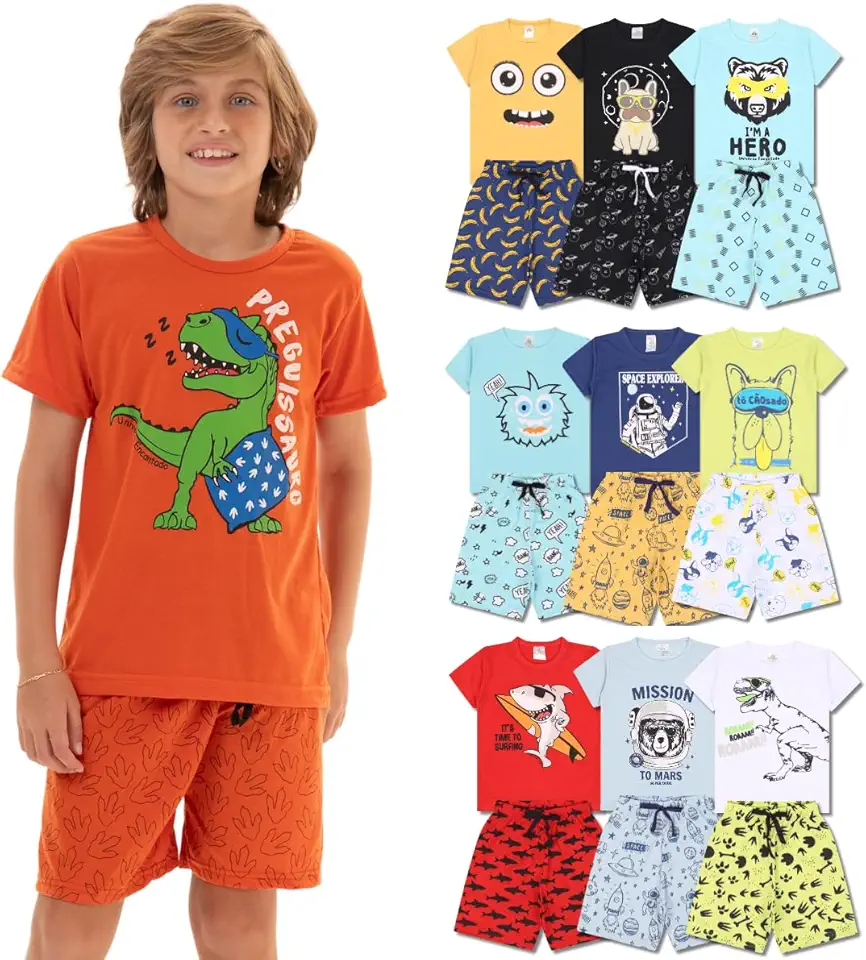 Kit Sortido 8 Peças de Pijama Infantil Menino - 4 Conjuntos Pijama Curto Masculino Verão Bebê Confortável