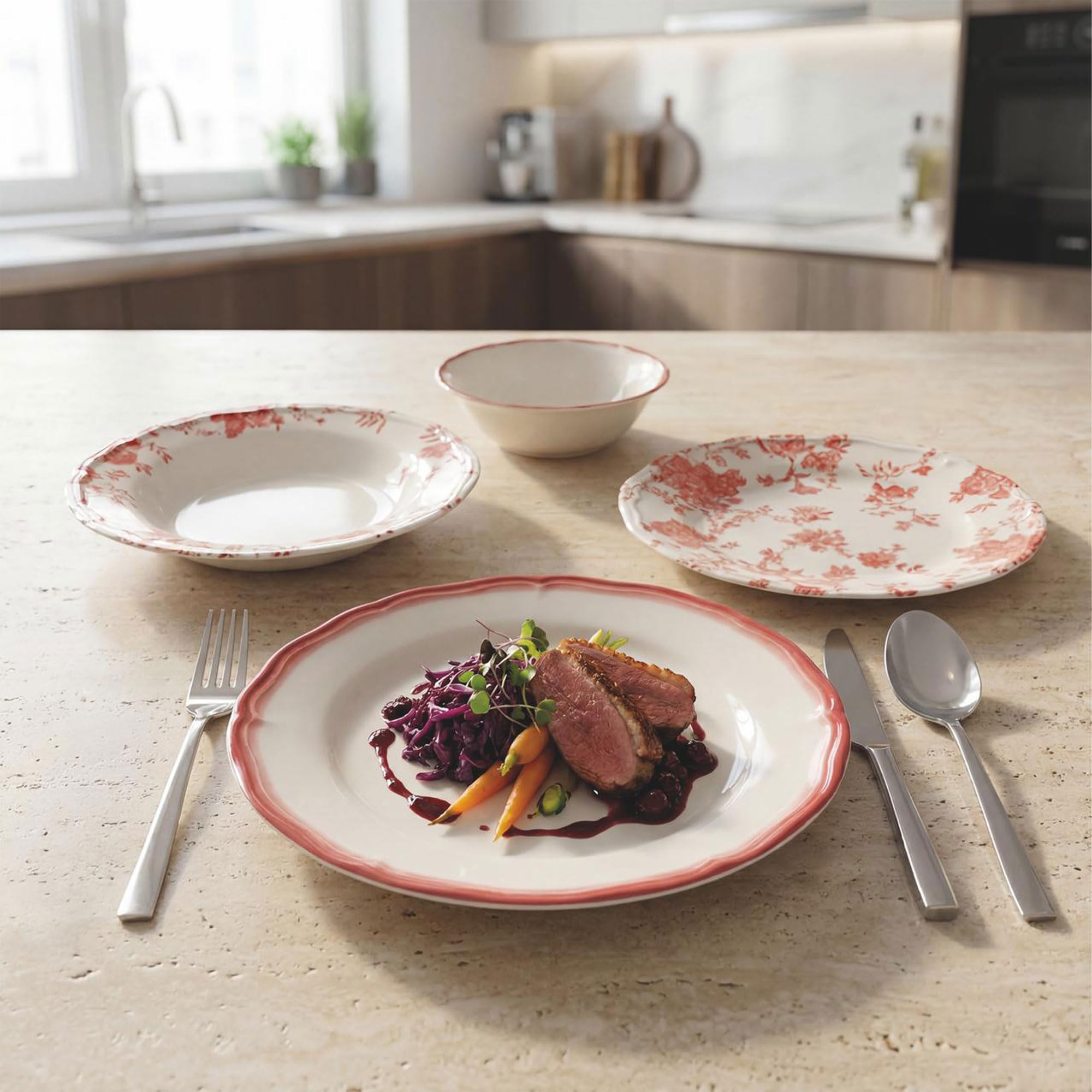 Nordic Schiller Tafelservice 24-teilig aus Porzellan für 6 Personen, Rot | 6 Speiseteller, 6 Suppenteller, 6 Dessertteller, 6 Kompottschalen, Modernes Geschirrset