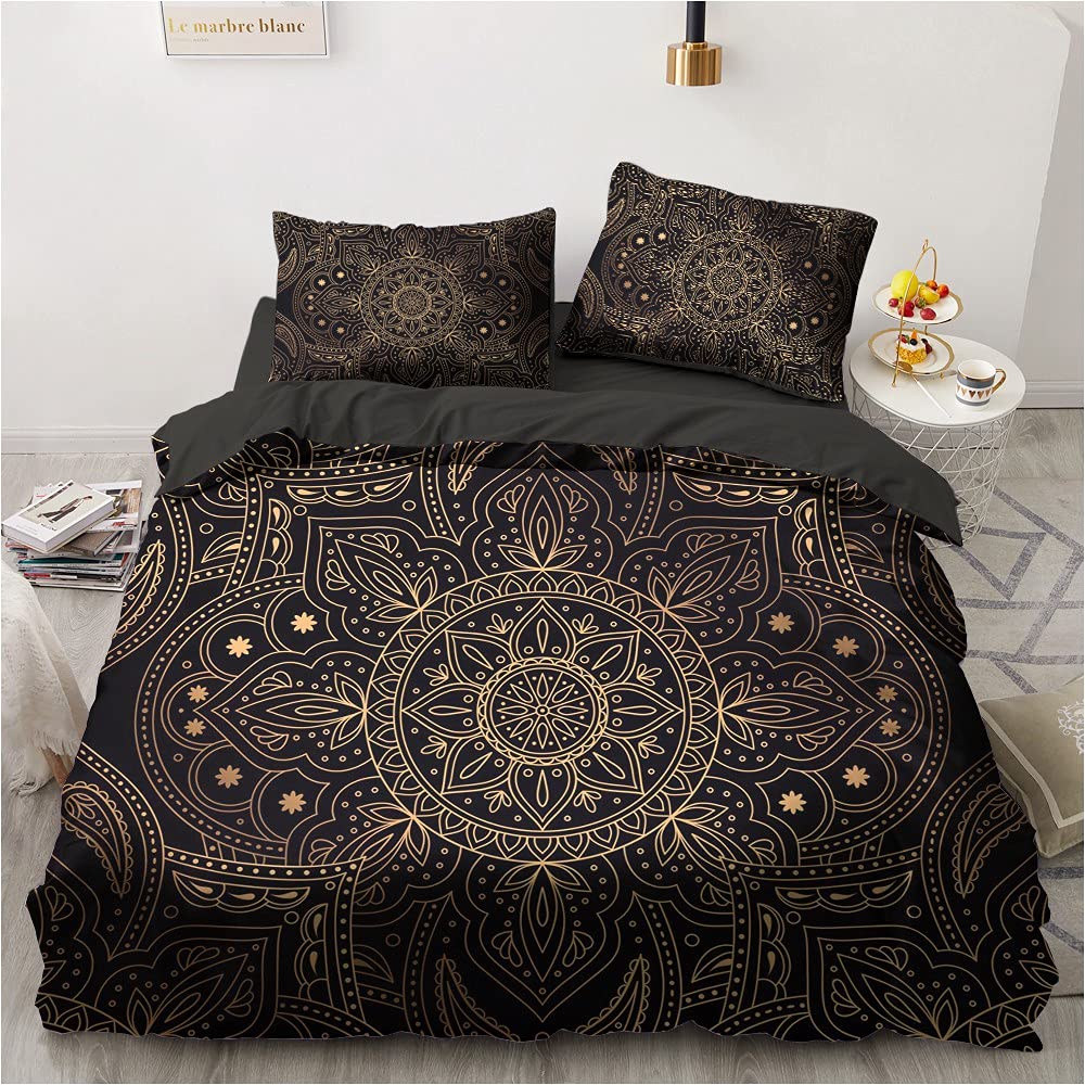 Luowei Boho Bettwäsche Set 155x220cm Schwarz Gold Indisch Böhmisches Mandala Exotisch Bettbezug und 2 Kopfkissenbezüge 80 x 80cm mit Reißverschluss
