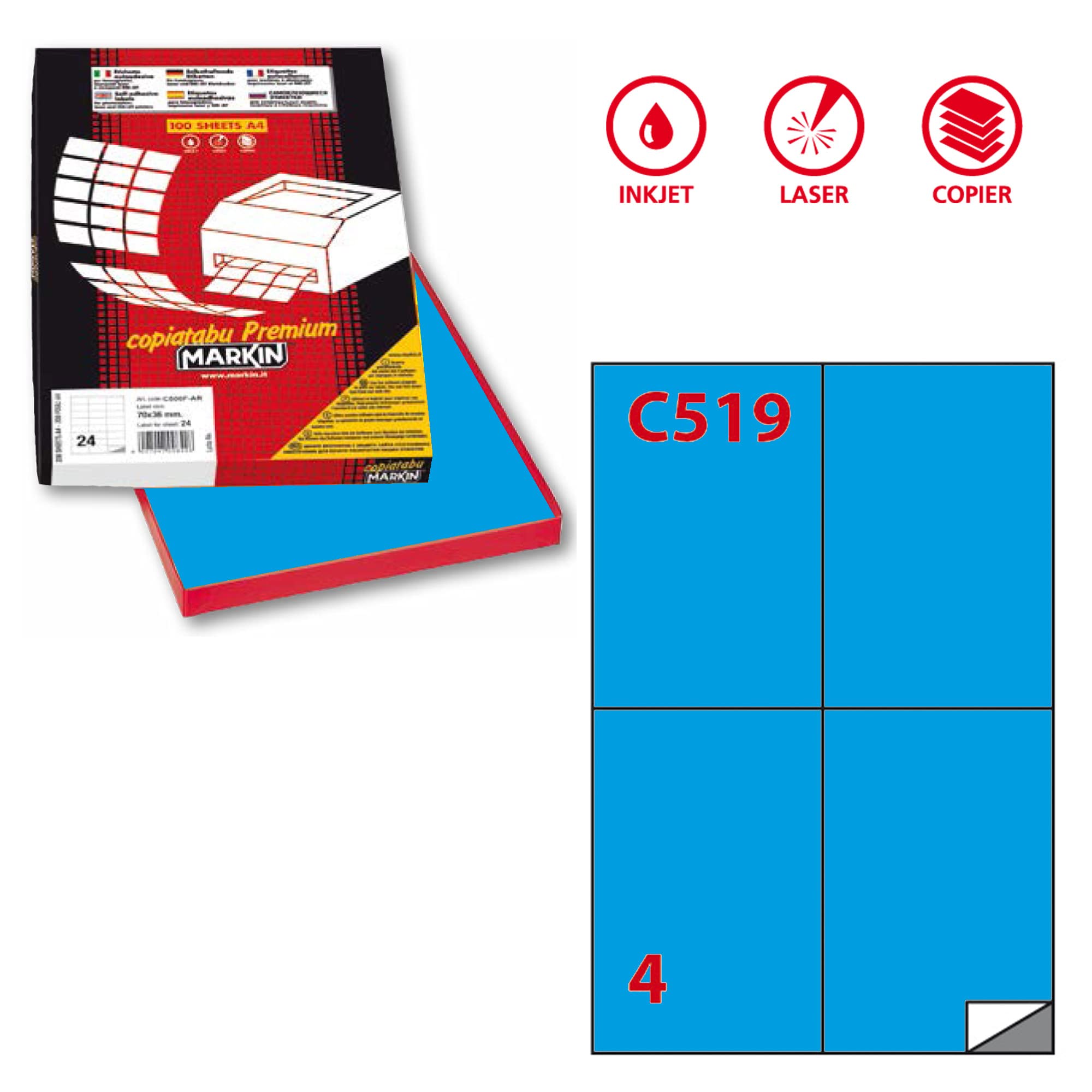 MARKIN etichetta adesiva c / 519 blu 100fg in a4 (4 etichette da 105x148mm)