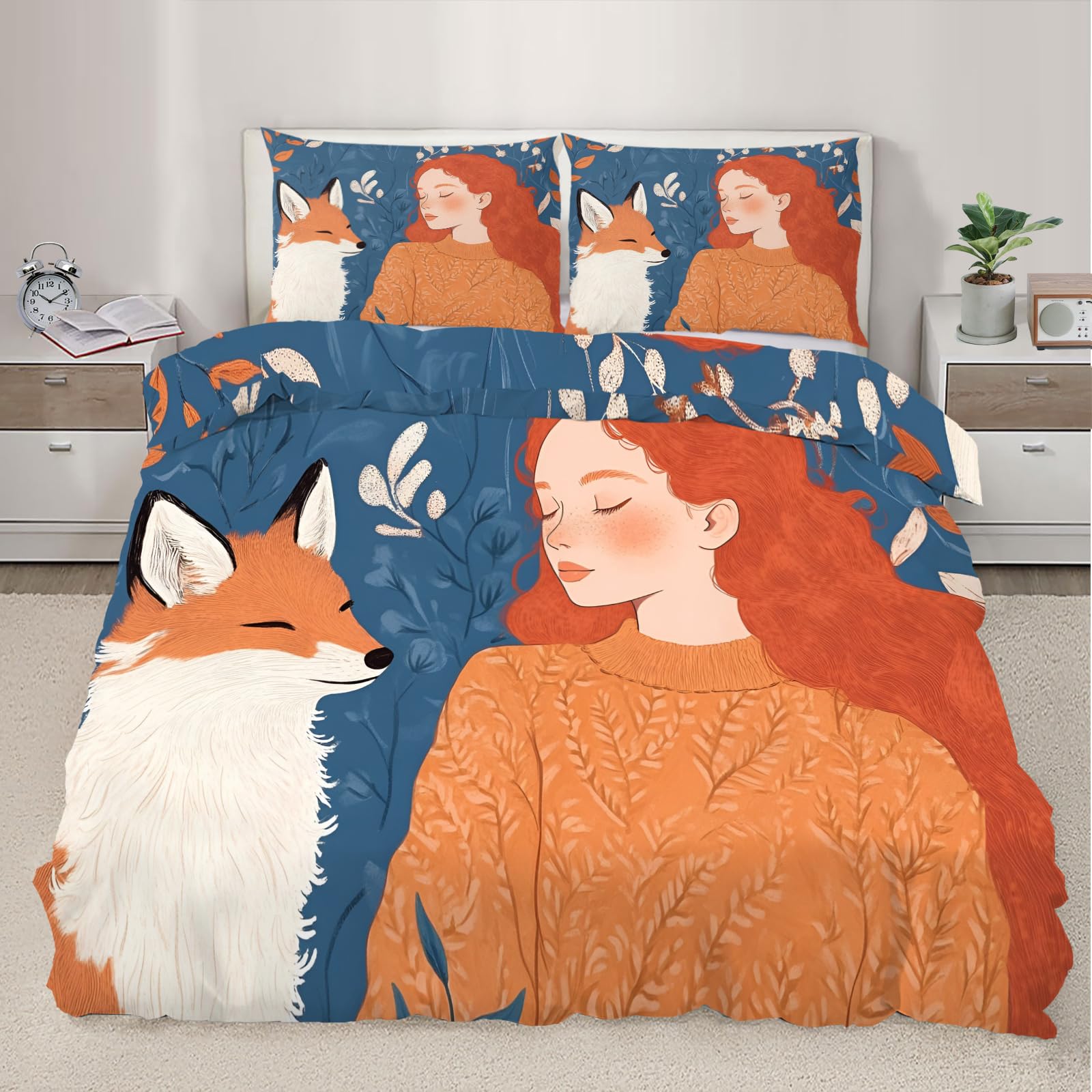 QDJKBL Blushing Beauty Duvet Cover Redhead Girl Comforter Set Fox Bedding Set King Duvet Covers Boho Forest Animal Comforter Cover for Bedroom With Zipper Ties