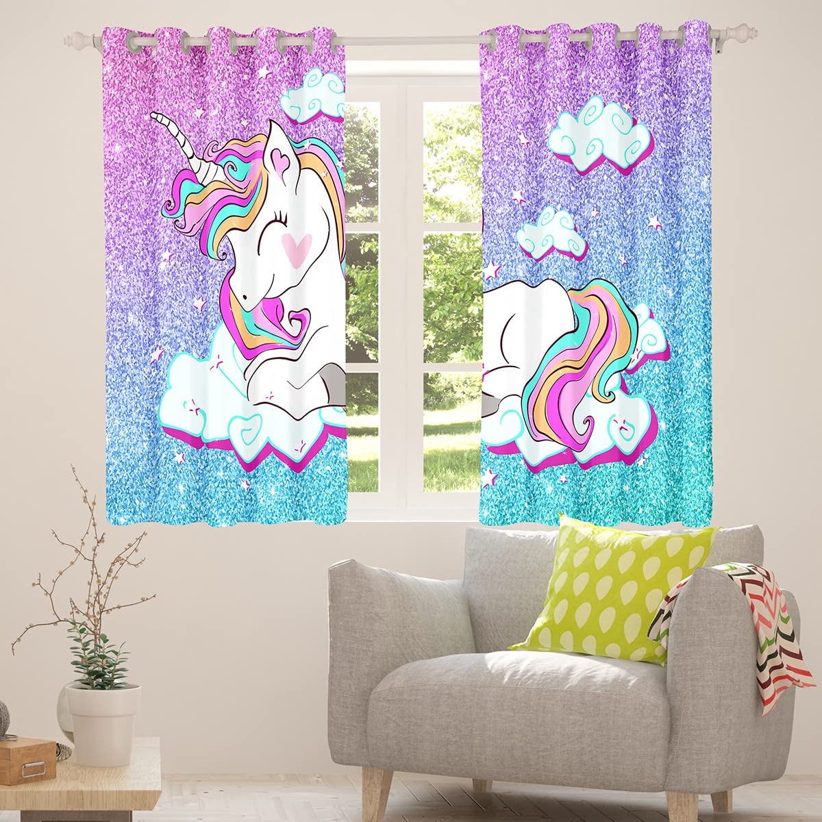 Loussiesd Mädchen Einhorn Vorhänge Mädchenhaft Glitzer Tier Dekor Fenstervorhang 245x140cm Pastell Regenbogen Verträumtes Pferd Blickdichte Vorhänge Rosa Blau Helles Schlafzimmer Dekor