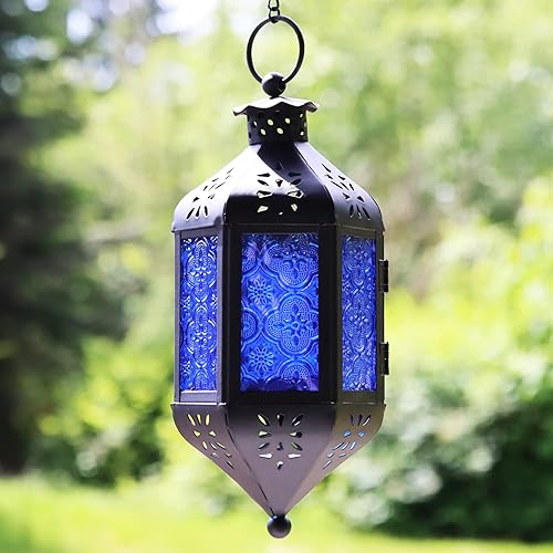 Miniatura 2 de Juego de 3 faroles portavelas Vela Lanterns, decorativos, marroquíes, para decoración al aire libre, cristal cobalto