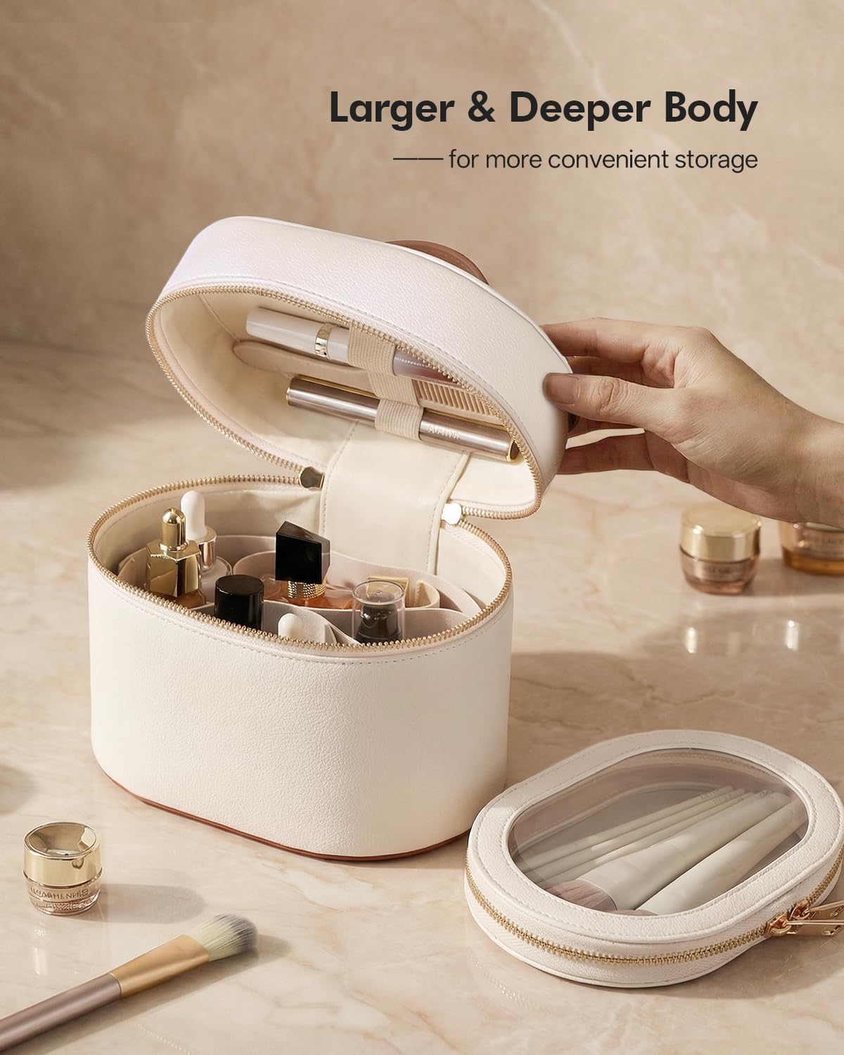 Prite Makeup Bag Cosmetic Organizer Case PU Leather Travel Portable Toiletry Bag with Removable Compartments and Washable PVC Pouch for Women - 5