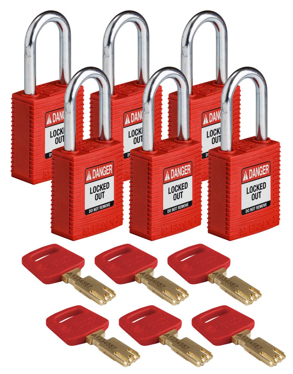 BradySafeKey Nylon Padlock, Steel Shackle, 38mm x 84mm x 19mm, Red, Pack of 6
