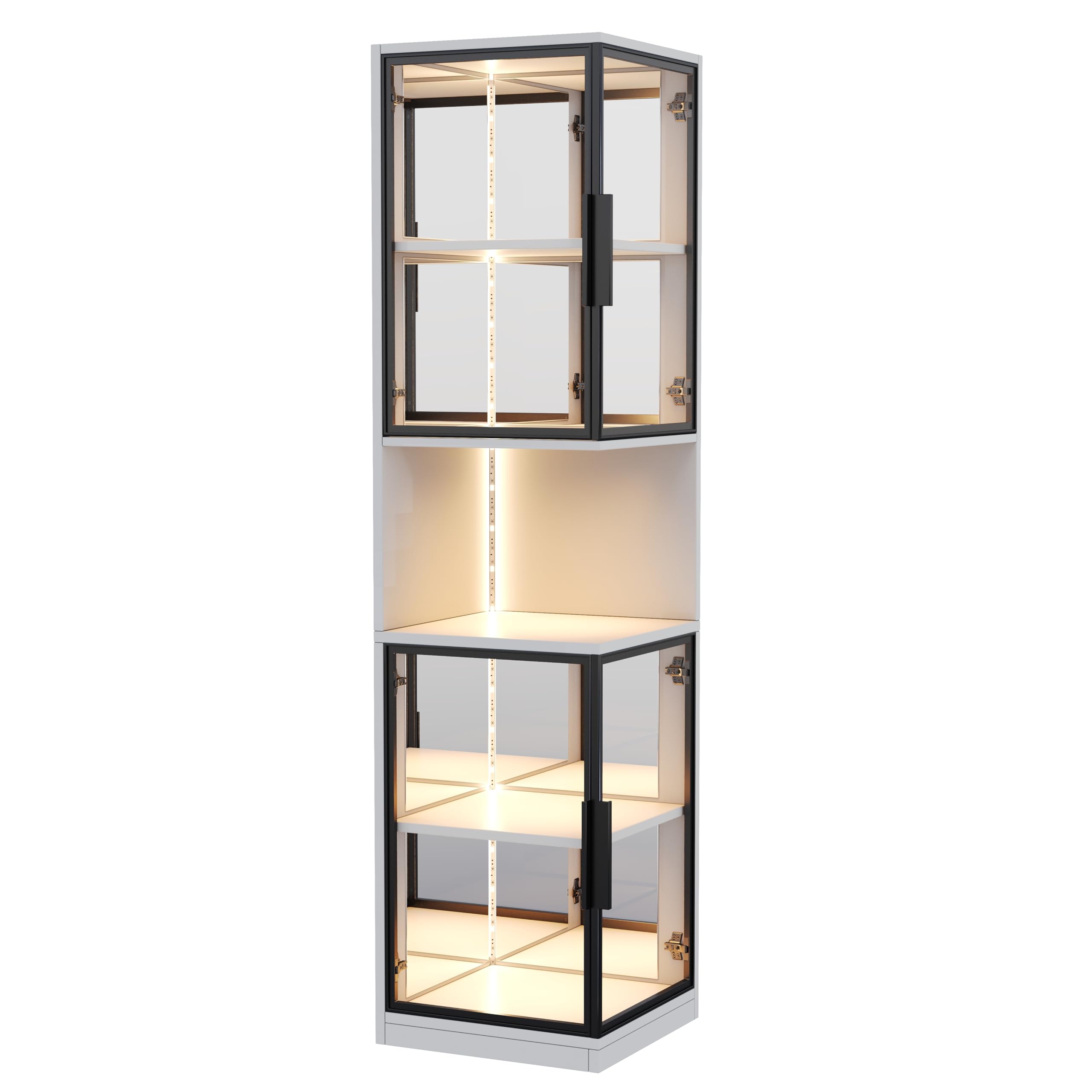 Dolamaní Vitrine 205 cm hoher mit LED Beleuchtung und Doppelten Glastüren, Glasvitrine, Eckvitrine, 5-Lagen Sammlervitrine, Kippschutzvorrichtung, für Wohnzimmer,Schlafzimmer,Büro (Weiß)