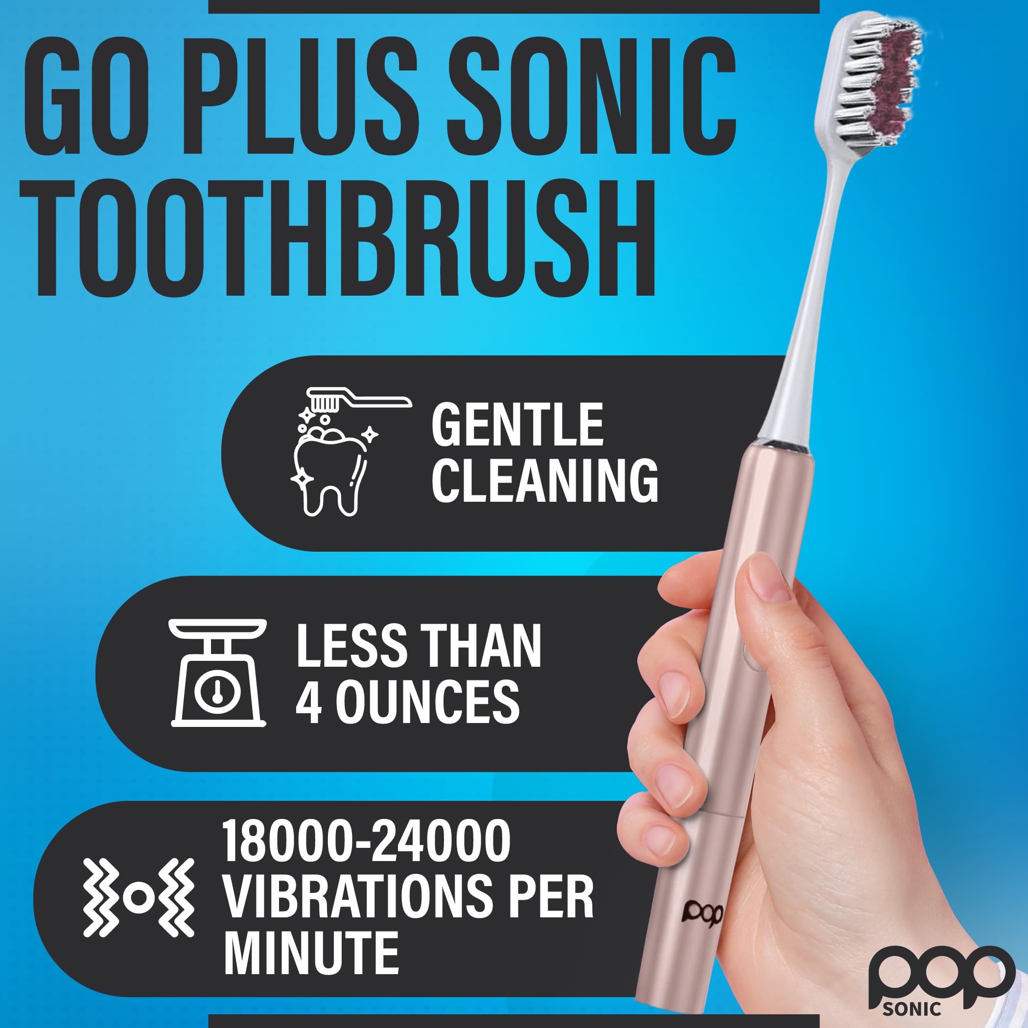 Pop Sonic Go Plus - Spazzolino da denti elettrico da viaggio (oro rosa) con 2 velocità, 18000-24000 vibrazioni al minuto, set Traveltoobrush definitivo, 8+ colori tra cui scegliere