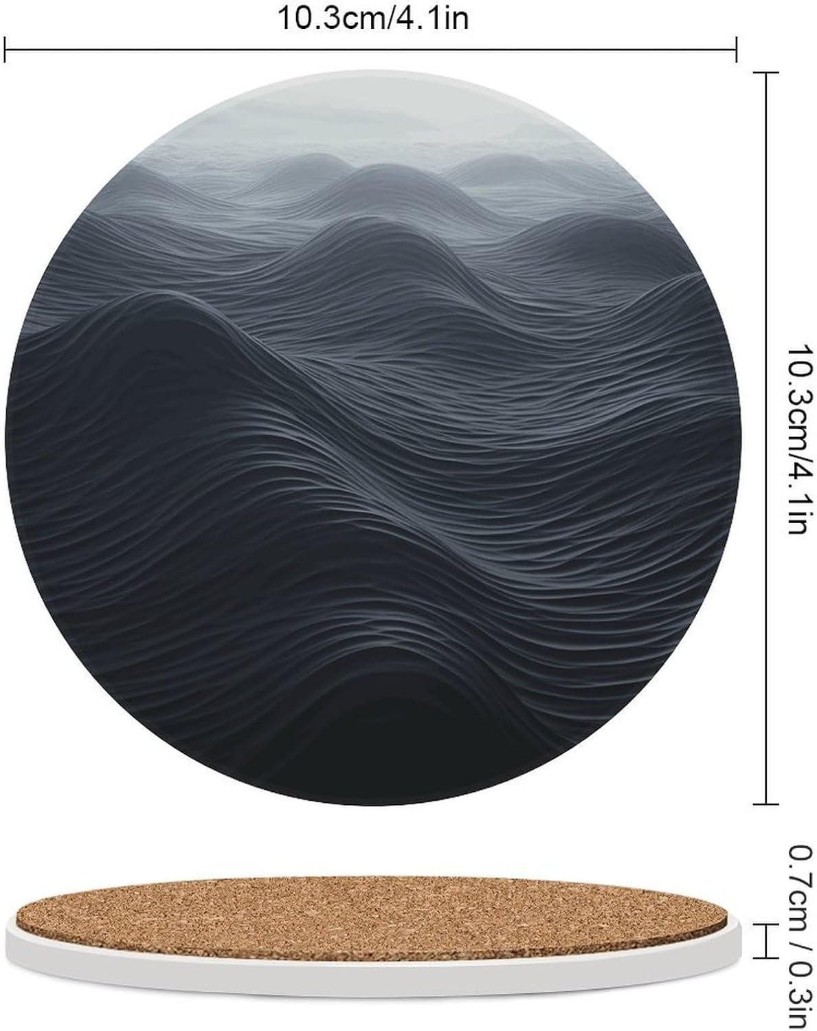 Deep Black Waves Coasters for Drinks Absorbing Round Ceramic Stone Coaster with Cork Base Coffee Cup Beverage Table Cup Mat Modern Style Bar Coaster Set for Home Decor