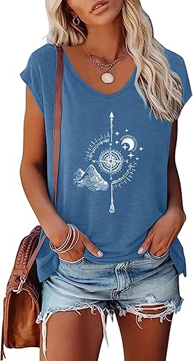 YITAN Women's Compass Mountain Graphic T-Shirt V-Neck Cap Sleeve Tops