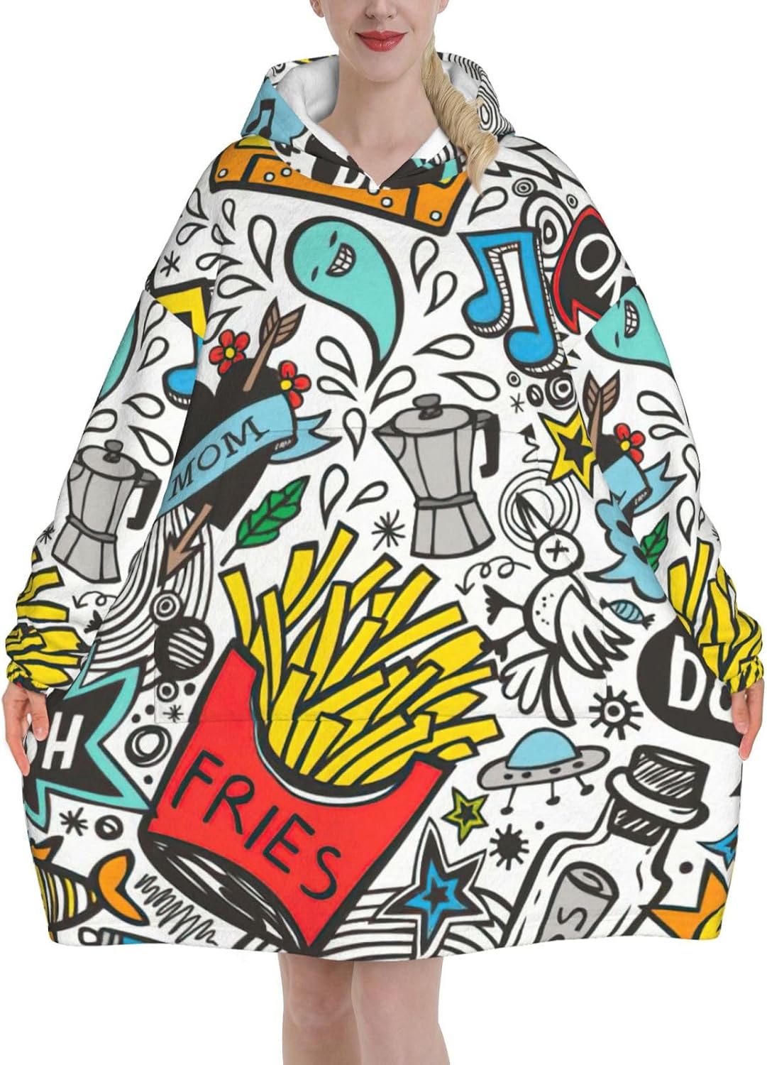 Comic Artprint Oversized Hoodie Blanket, Super Soft Warm Comfortable Hoodie, Wearable Blanket Adult