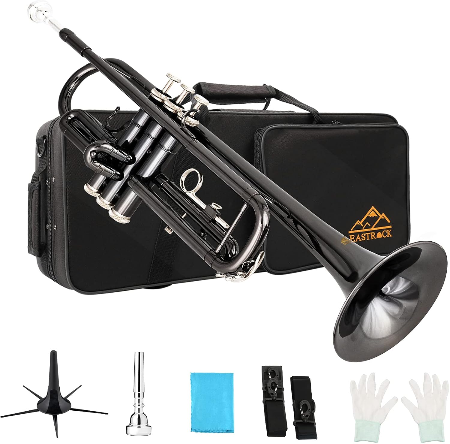 EASTROCK Trumpet Standard Brass Bb Black Nickel Trumpet Instrument with Carrying Case,Trumpet Stand,Gloves, 7C Mouthpiece and Cleaning Kit for Student Beginner : Musical Instruments