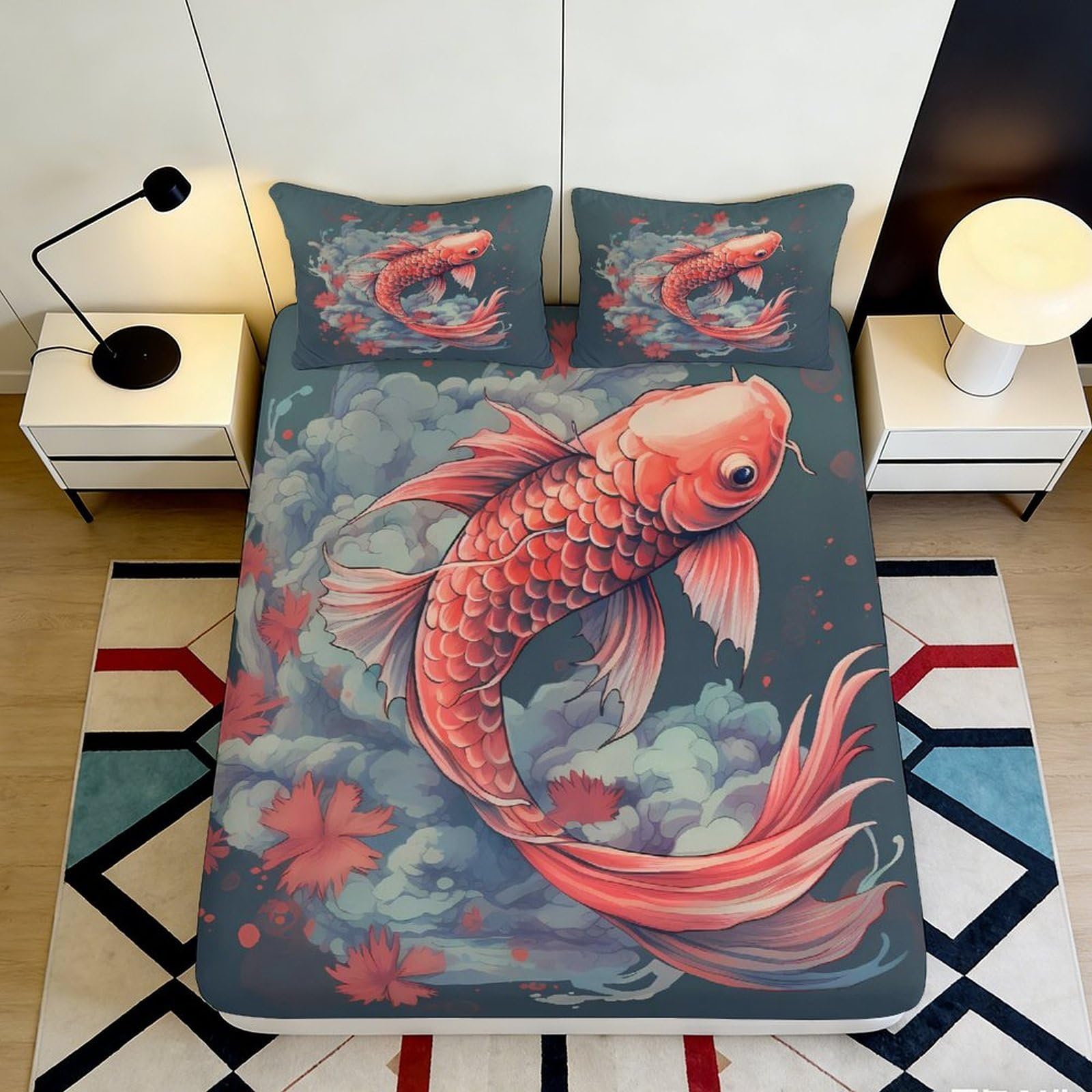 3D Printed Koi Fish Fitted Sheet Microfiber Anti-Slip Artistic Water Floral Mattress Cover Bedroom Decor 90x200x25cm