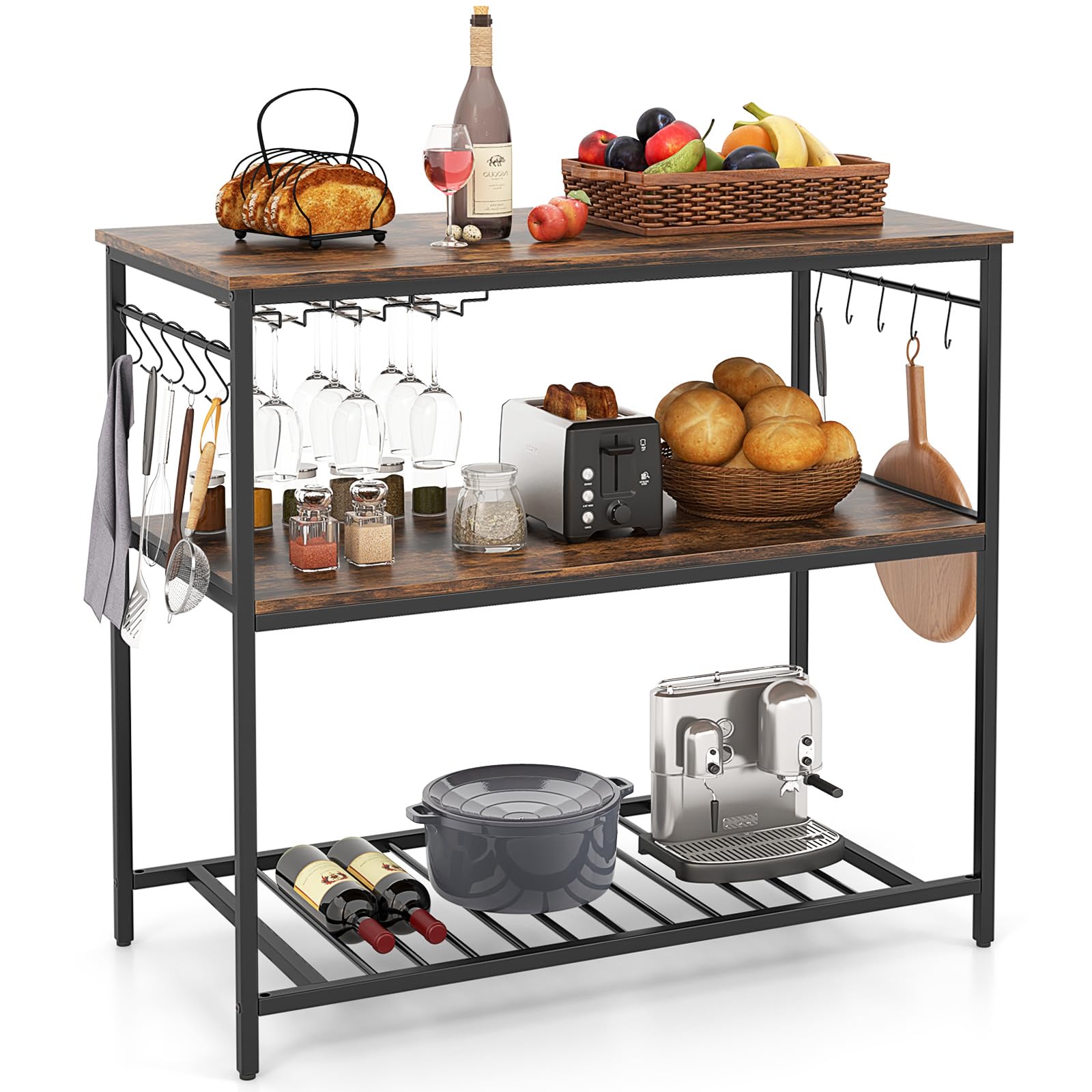 GOFLAME Kitchen Island with 3 Shelves, Industrial Kitchen Counter with Wine Glass Holders & 10 Hooks, 3 Tier Shelf with Heavy Duty Metal Frame for