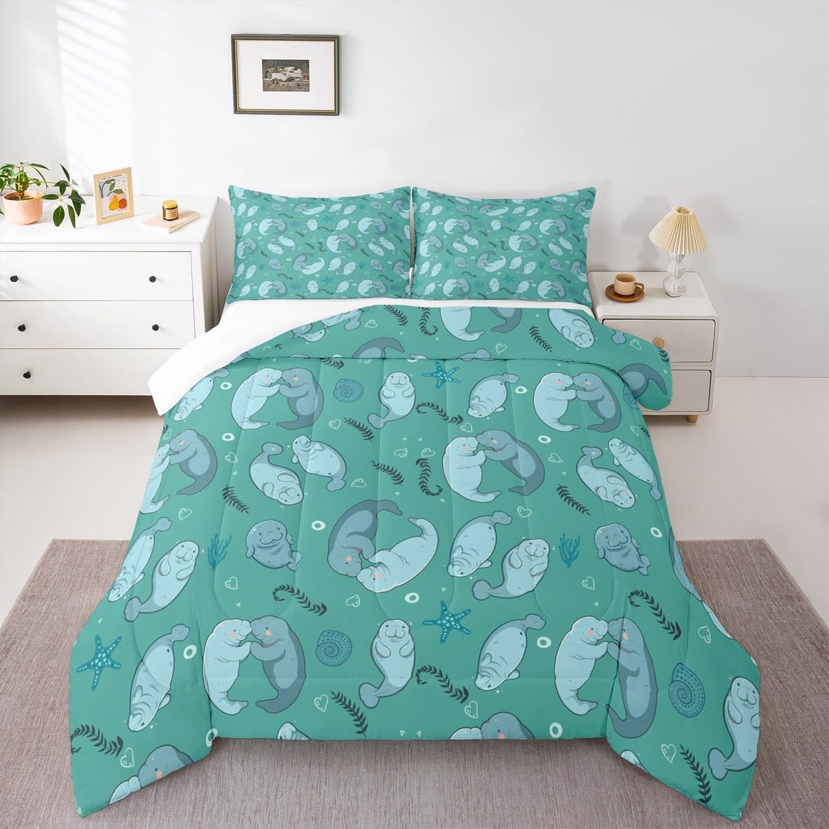 jejeloiu Kids Hippo Bedding Set Twin Size Cute Hippopotamus Comforter Set Be Happy Quote Comforter Boys Girls Teens Ultra Soft Cartoon Grey