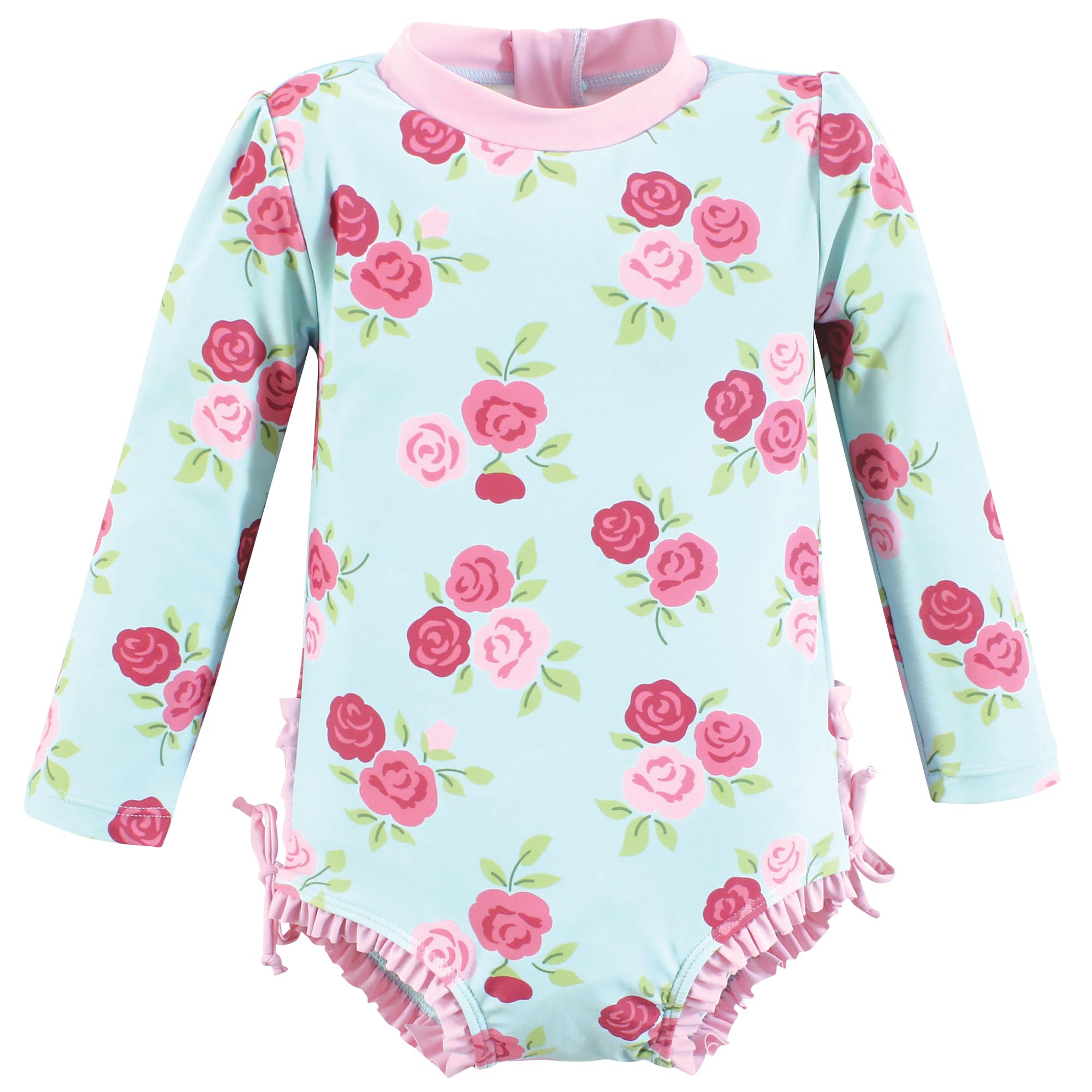 Hudson Baby Baby Girl's Rashguard Toddler Swimsuit, Mint Pink Roses, 5T