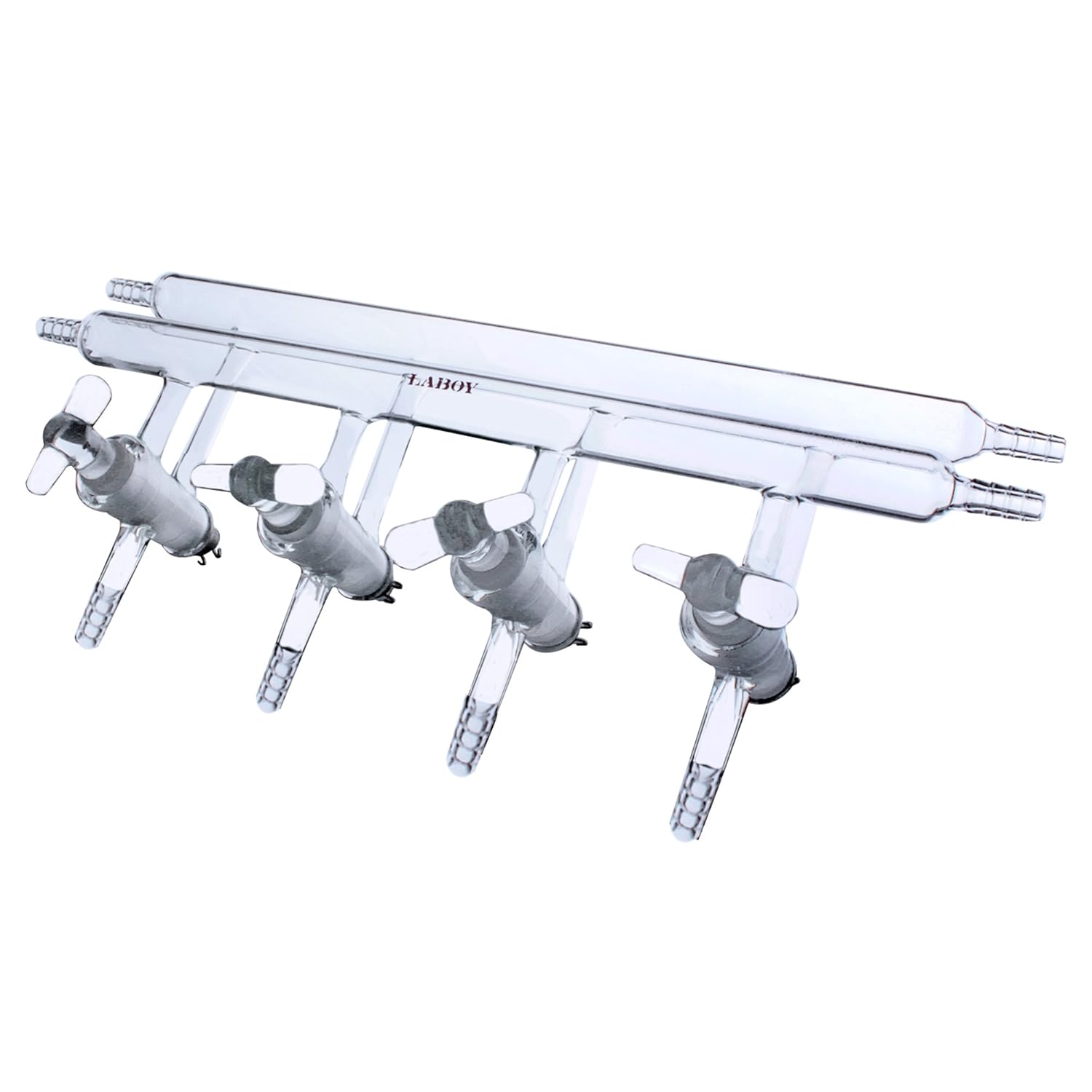 Laboy Glass Double Maniflod Vacuum Gas Distributor for Schlenk Line with 4-Port Solid Glass Stopcock All Hose Opens 450mm in Length Air-Free Chemistry Lab Glassware