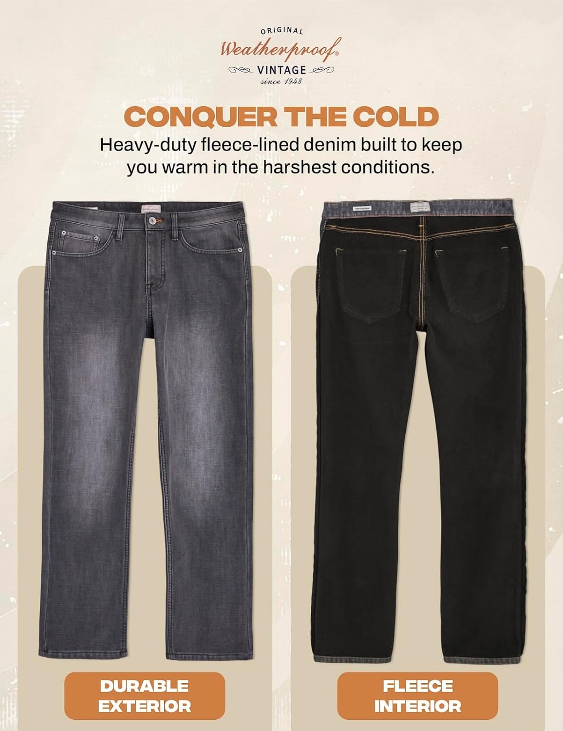 Weatherproof Vintage Fleece Lined Jeans Men - Regular Fit | Soft & Warm, Cold Weather Insulated Fleece Winter Pants for Men - Image 3