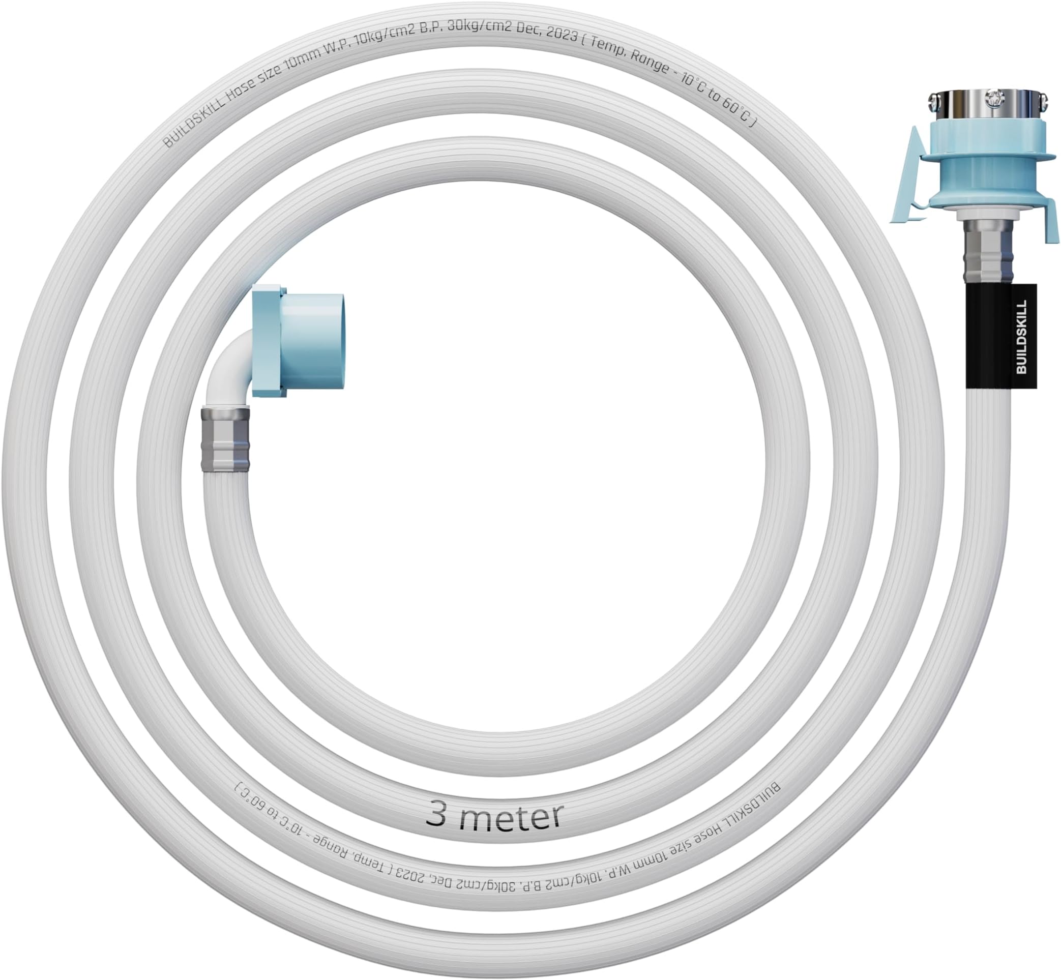BUILDSKILL 3 Meter Fully Automatic Washing Machine Inlet Pipe With Universal Tap Adaptor Connector | Burst Proof and Anti Kink | Hot & Cold Water Washing Machine Pipe Inlet | Pressure Resistant