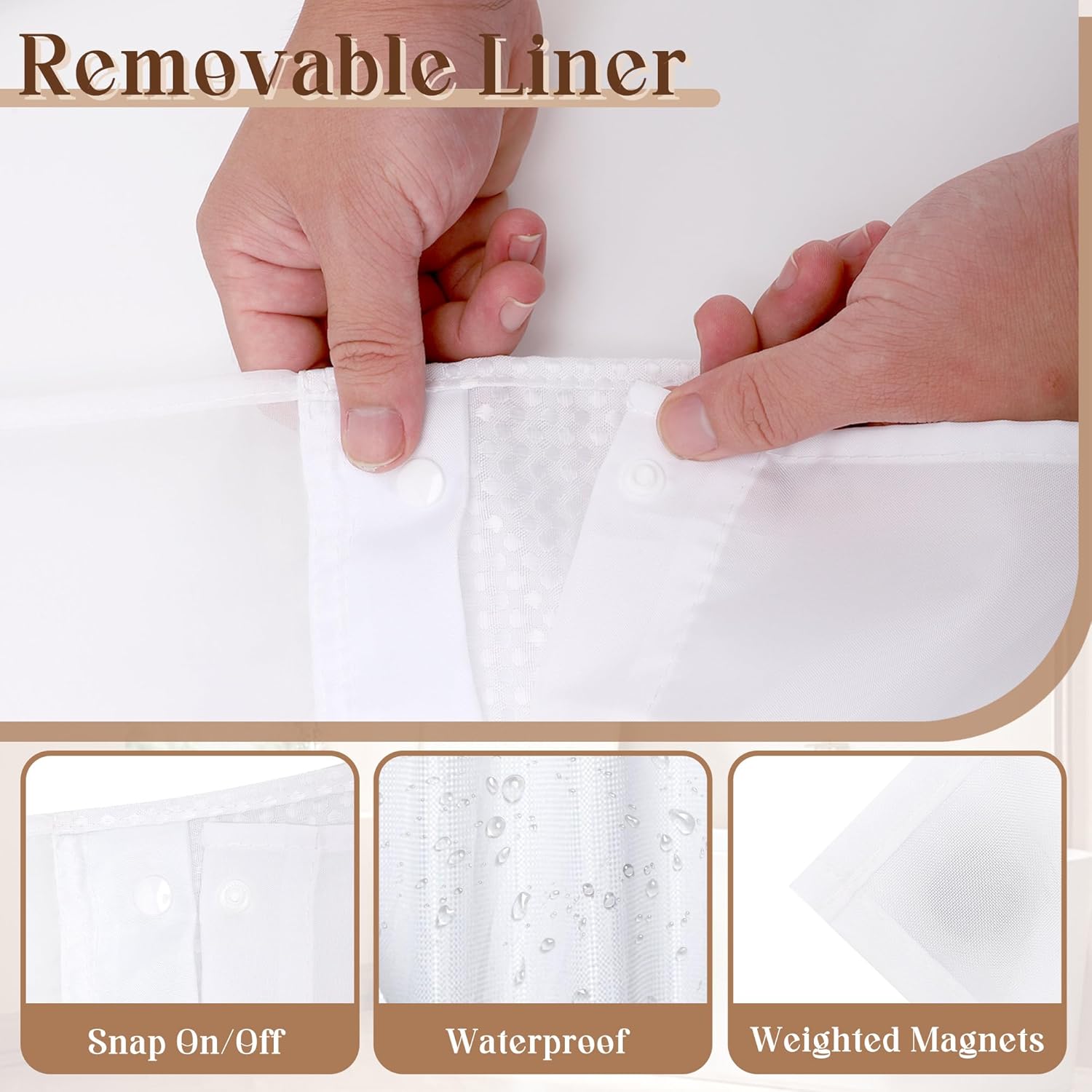 Bathroom Shower Curtain with Liner, 71"x 74" Waffle Weave with Snap in Fabric Liner Set, Luxury Cloth Shower Curtain with Mesh Top Window for Home Hotel and Farmhouse(White)