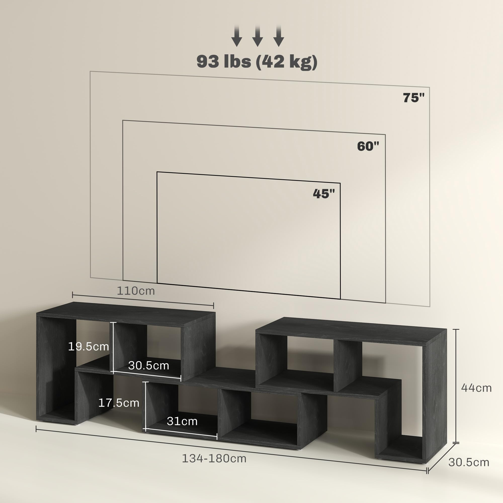 HOMCOM Mobile TV 75" max Modulabile con 2 Ripiani a L e Mensola Rettangolare, Mobile Porta TV Moderno in Truciolato per Soggiorno, 134-180x30.5x44 cm, Nero