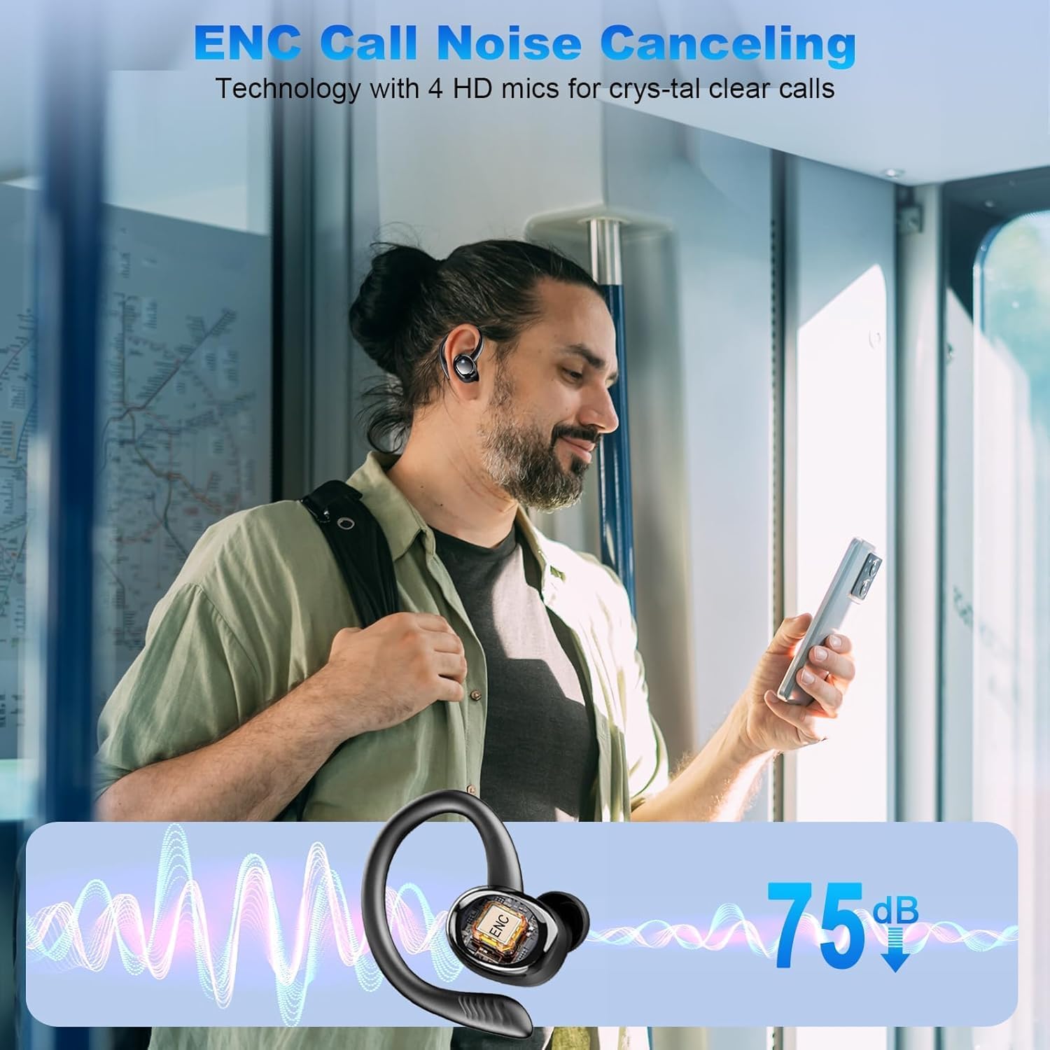 Hupoaf Cuffie Bluetooth Sport, Auricolari Bluetooth 5.4 HiFi Stereo, 50 Ore Cuffie Wireless con ENC Mic, Cancellazione Rumore Cuffie Senza Fili,USB-C/IP7 Impermeabili Cuffiette Running per iOS/Android