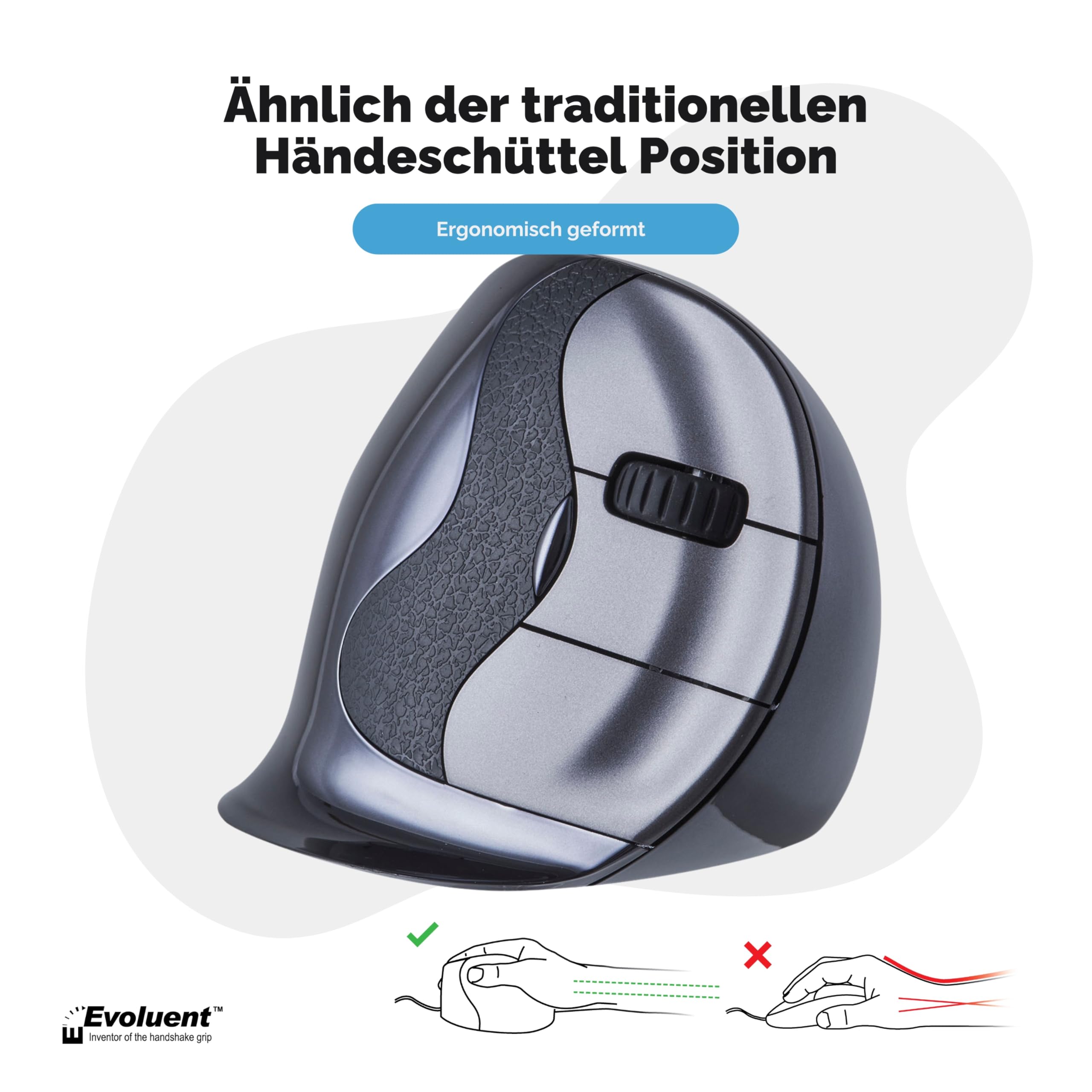 Evoluent VerticalMouse D Kabellose USB Maus für Rechtshänder, Größe M, VMDMW, Schwarz, Silber, Grau, Medium