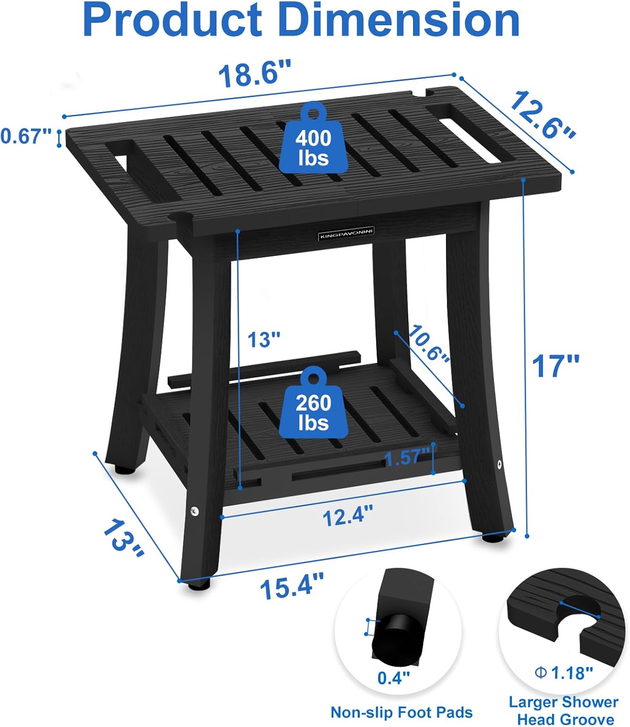 KingPavonini HDPS Shower Stool, Waterproof Shower Benches for Inside Shower to Sit on, Heavy Duty 400LBS Shower Seat with Storage Shelf, Shower Chair for Shaving Legs