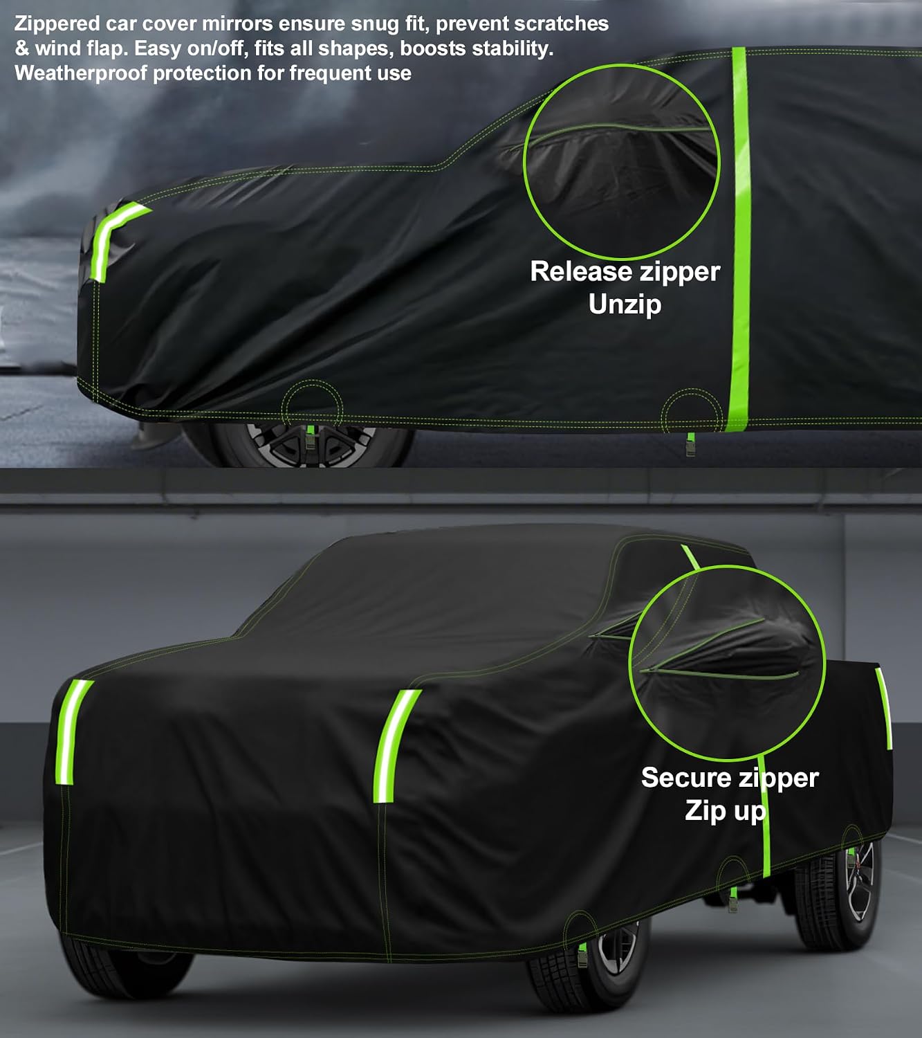 Truck Cover Custom Fit for Toyota Tacoma 1995-2026 &100% Waterproof with Zipper Door & Side Mirror Zipper Pockets Pickup Cover All Weather Hail UV Protection Automobiles Outdoor Full Cover