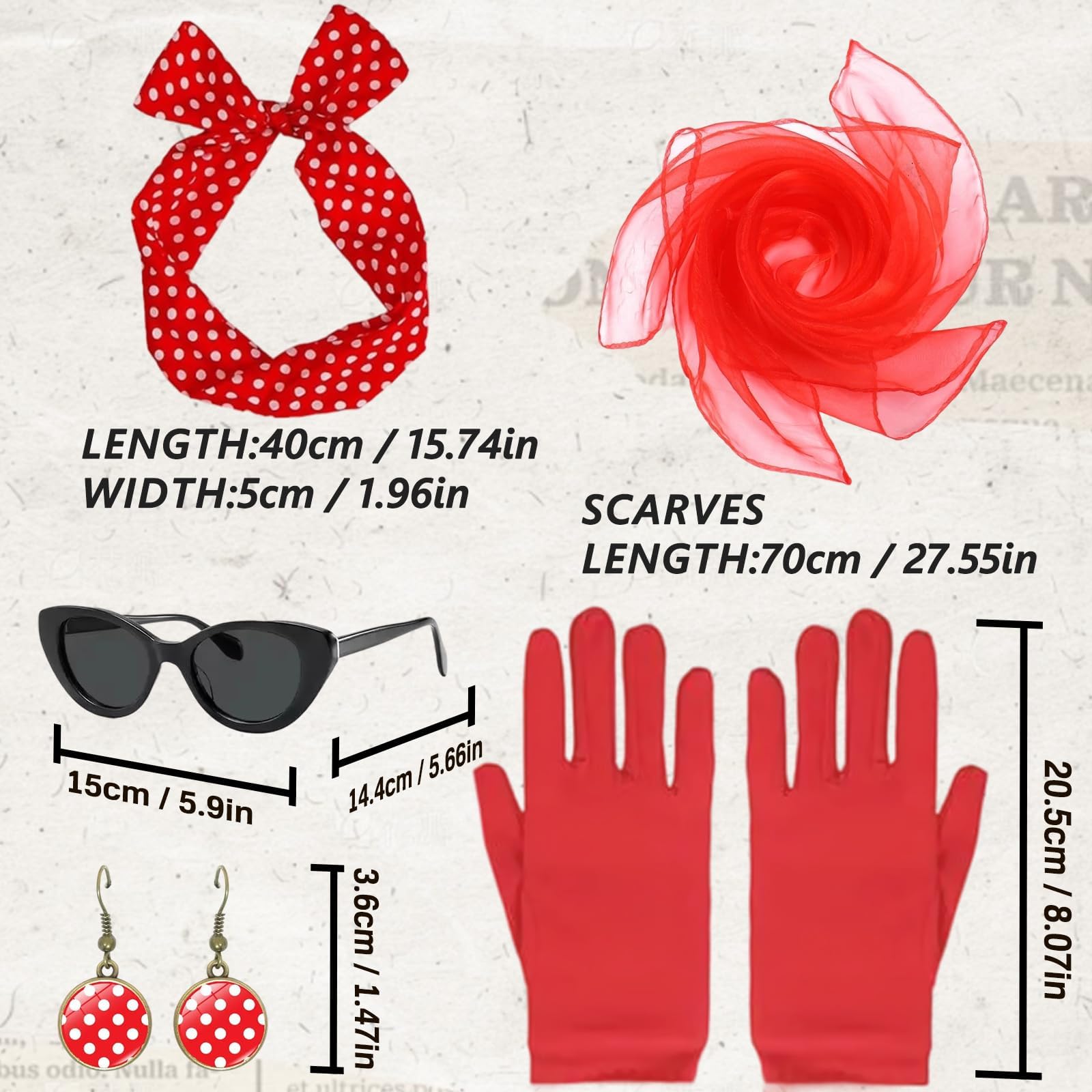 Makoto Nobu 5 PCS 50s Fancy Dress Kit,1950s Costume Accessories, Cat Eye Glasses,Polka Dot Bandana Tie Headband Earrings - Image 2