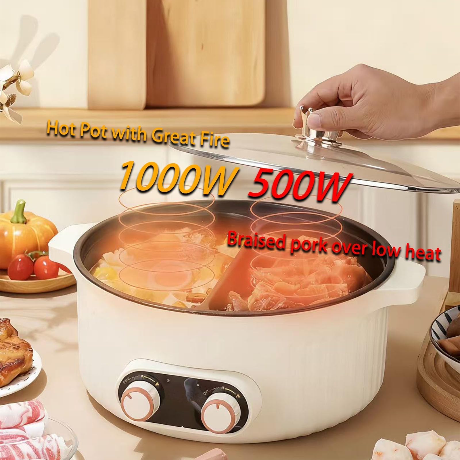 Hot Pot elettrico, design antiaderente multifunzionale con impostazioni di doppia potenza da 500 W e 1000 W, protezione contro il surriscaldamento, ideale per 3-10 persone