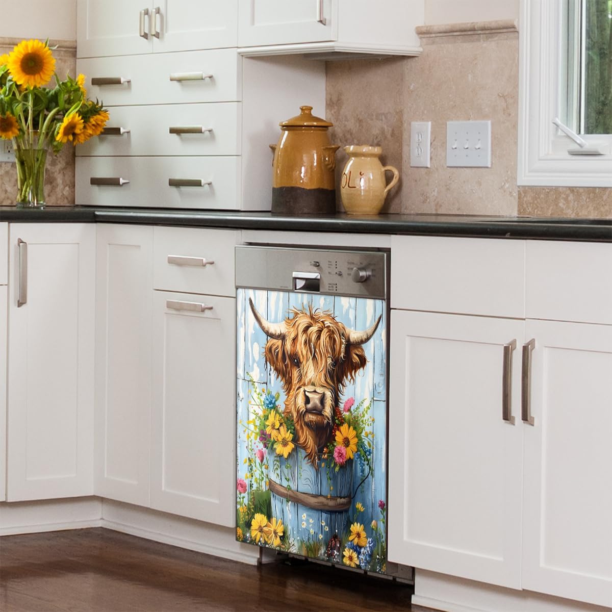 Highland Cow Flower Pot Wood Dishwasher Magnet Cover, Reusable Refrigerator Panel Stickers Microwave Front Door Covers Magnets for Kitchen Home Appliances Holiday Party Decorations 23 X 26 in