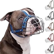 BRONZEDOG Pitbull, museruola traspirante in metallo, cestino per cani di taglia grande, Amstaff Staffordshire Terrier, mordere, masticare, abbaiare (pelle, blu)