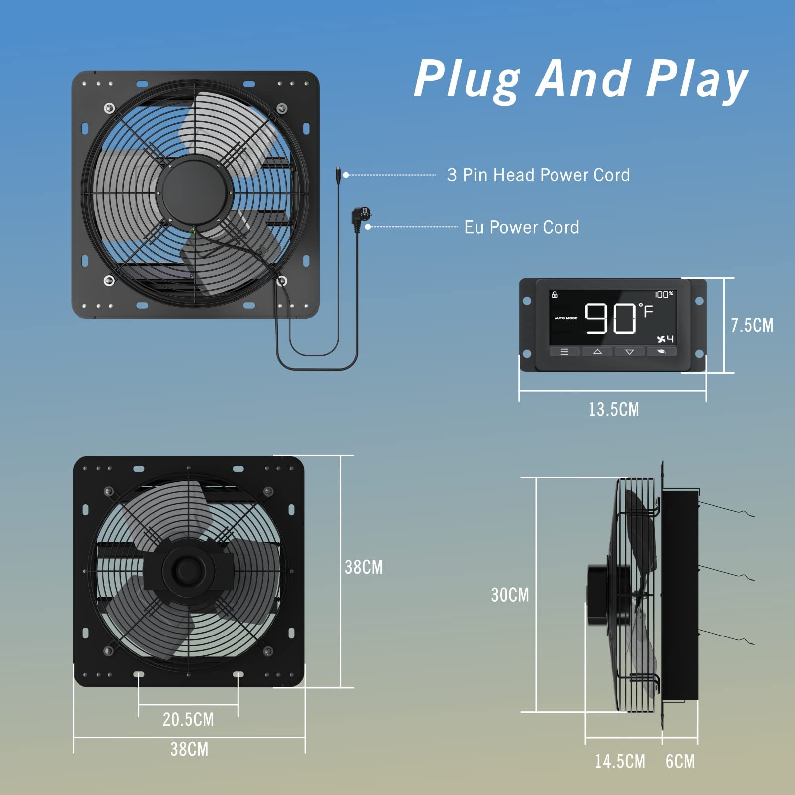Aygrochy Ventilador de pared industrial de 300 mm Aplicación con WiFi, 1630 m³/h, ventilador, ventilador de escape con enchufe de la UE, de aluminio, para sótano, garaje, cocina