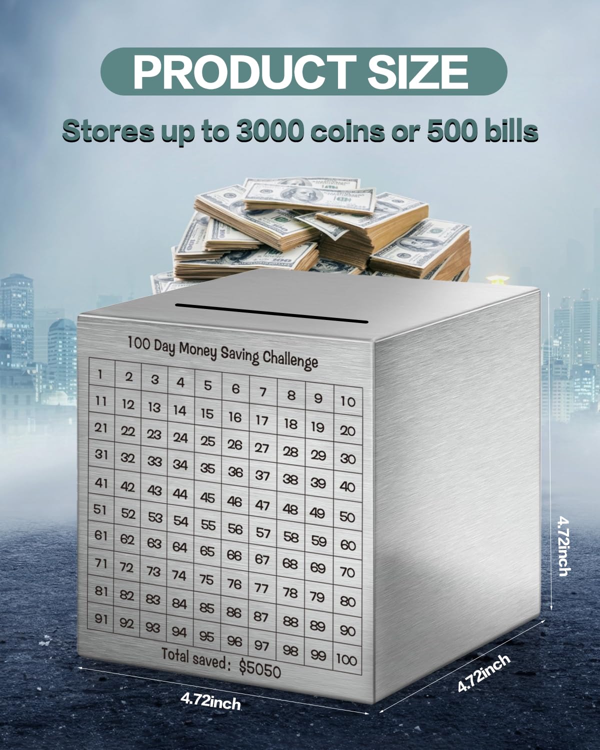 Money Saving Box, Unbreakable Piggy Bank for Adults Save $5,050 Metal Savings Box, 100 Day Money Saving Challenge Stainless Steel Box Must Break to Open (4.72 Inch)