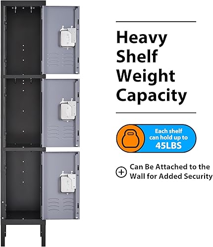 Miniatura 4 de Anxxsu Armario de almacenamiento de metal, armario de metal con cerradura para empleados con 3 puertas, armario de acero de 47.3 pulgadas de altura