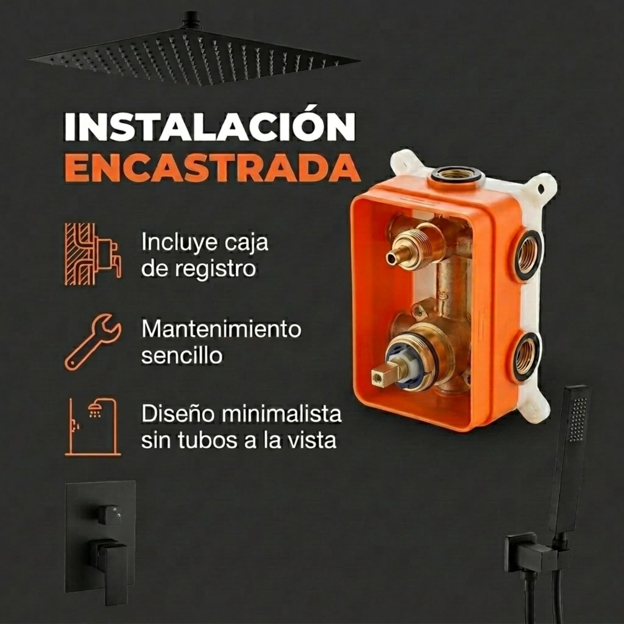 VALAZ Ducha Encastrada Negro Mate | Ducha Monomando 2 Vías, Rociador Efecto Lluvia | Instalación en Techo Fácil y Rápida | Inoxidable, Cuadrada, Rociador 30 cm, Serie Tajo