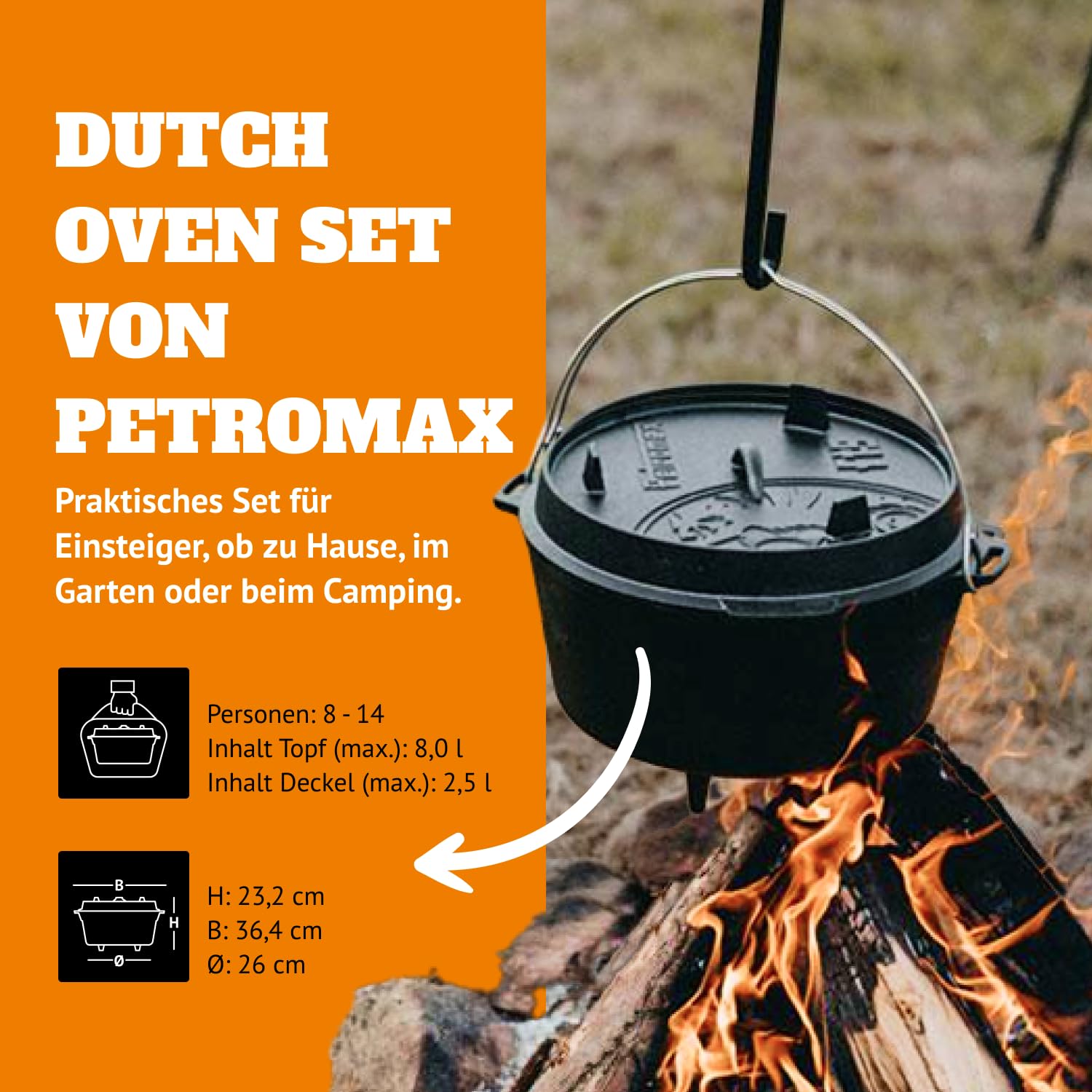 Petromax Feuertopf ft3 Einsteiger-Set - Dutch Oven mit Standfüßen inklusive Deckelheber, Pflegepaste und Untersetzer - für alle Grillarten und offenes Feuer - 1,6 Liter