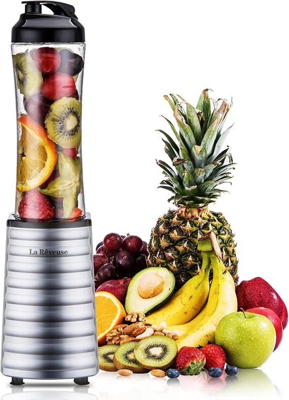 La Reveuse Smoothies Blender Personal Size 300 Watts with 18 oz BPA-Free Portable Travel Sports Bottle(Black + Silver))