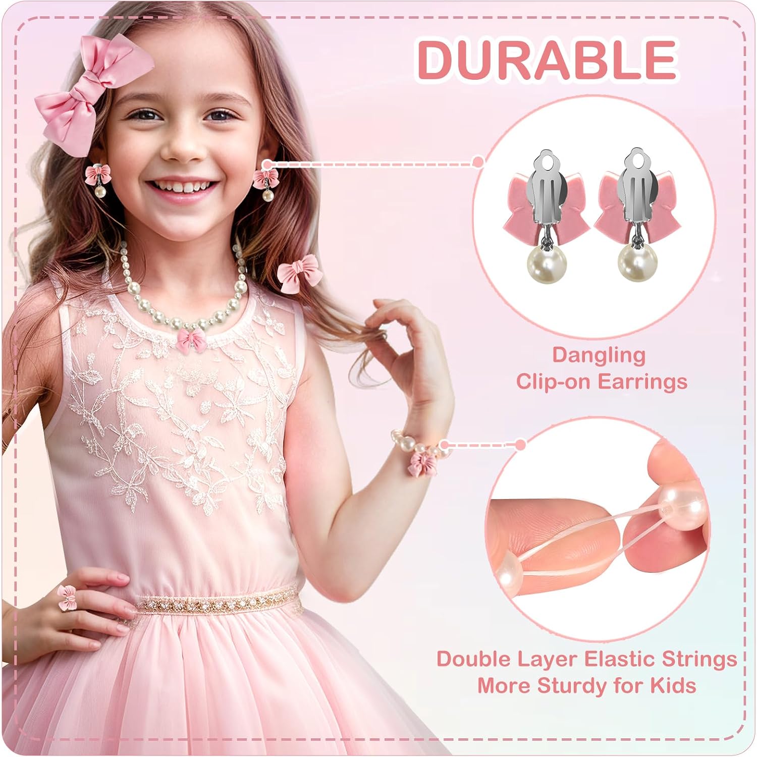 Handmade Bow Pearl Kids Jewelry for Little Girls Toddler Set of 8 pcs - Hair Bows Clips Ties - Stretch Necklace Bracelets Rings and Clip on Earrings - Cute Princess Dress Up Gifts