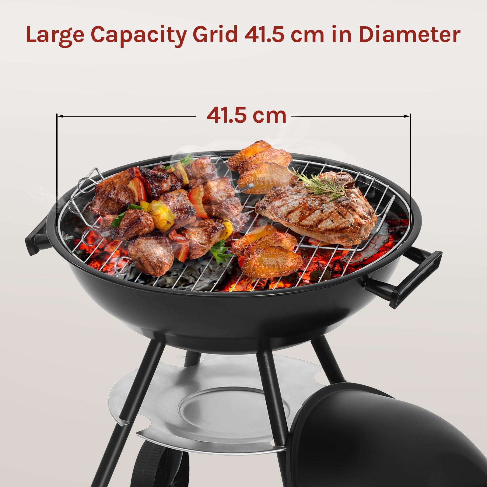 WOLTU Grill kulowy na węgiel drzewny z pokrywką, φ42 cm, powierzchnia grillowa, grill na węgiel drzewny z regulowanym dopływem powietrza, grill, na kemping, metal, czarny