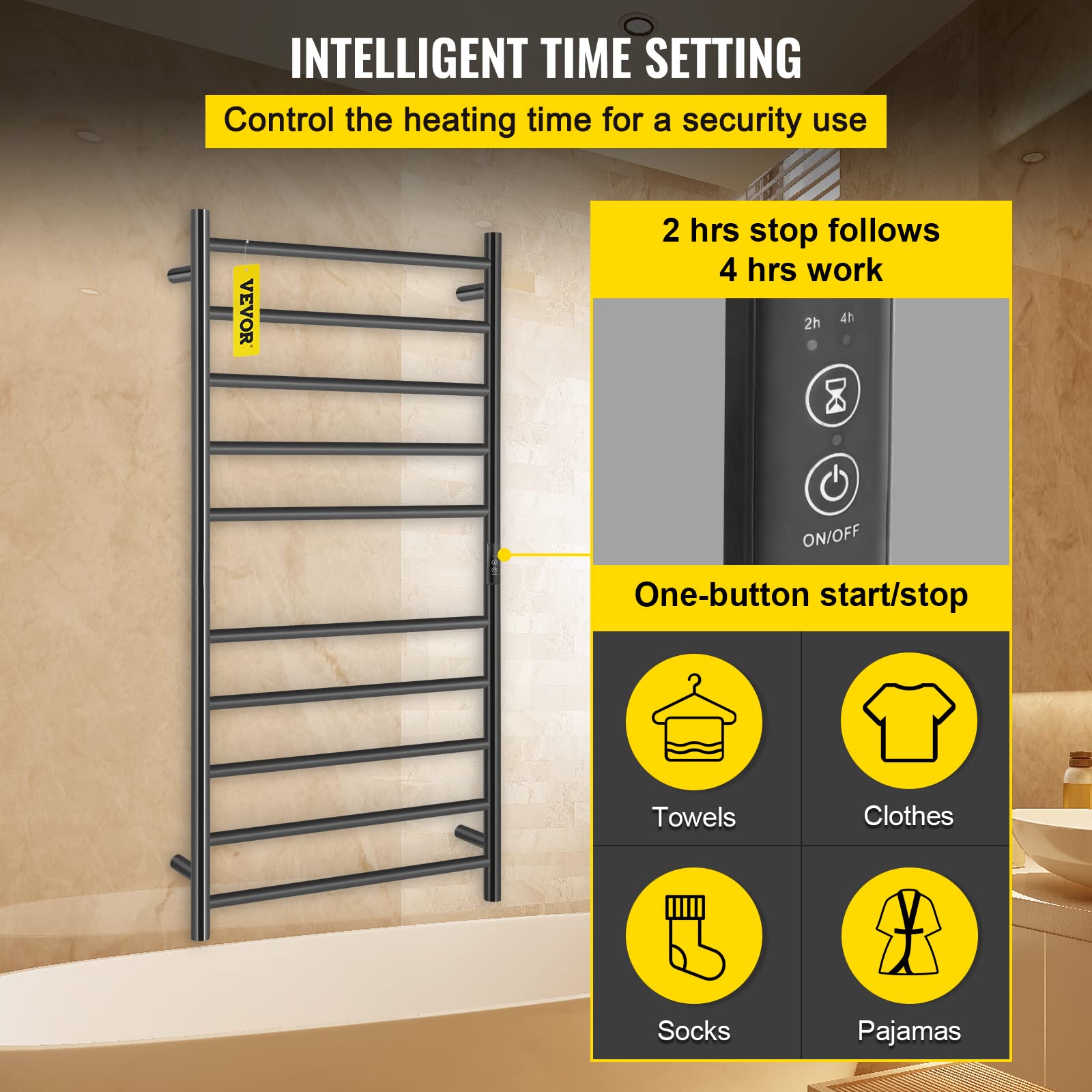 VEVOR Heated Towel Rack, 10Bar Towel Warmer Rack, Wall Mounted